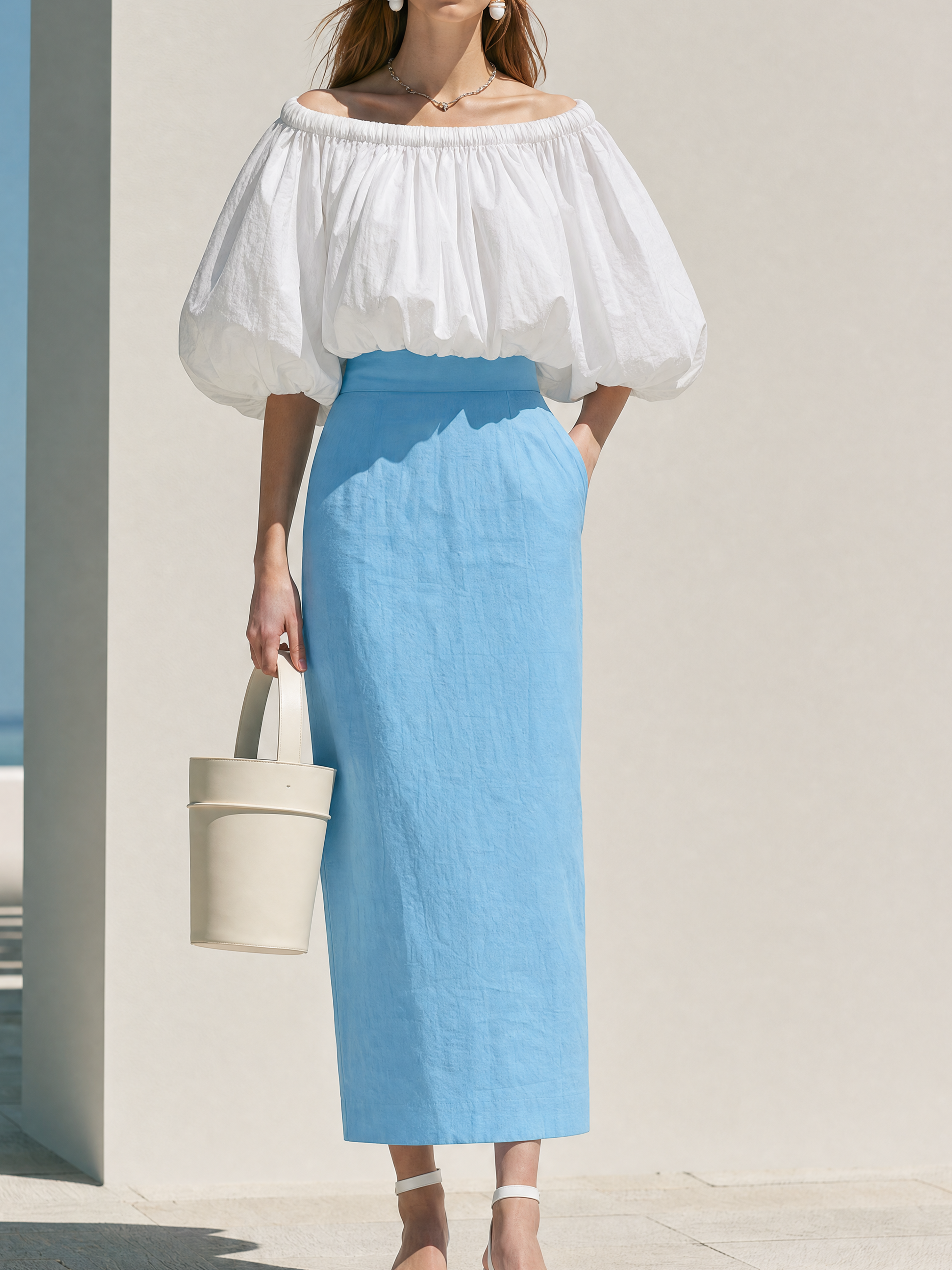 Elegant White Blouse &Sky Blue Linen Blend Midi Skirt Set