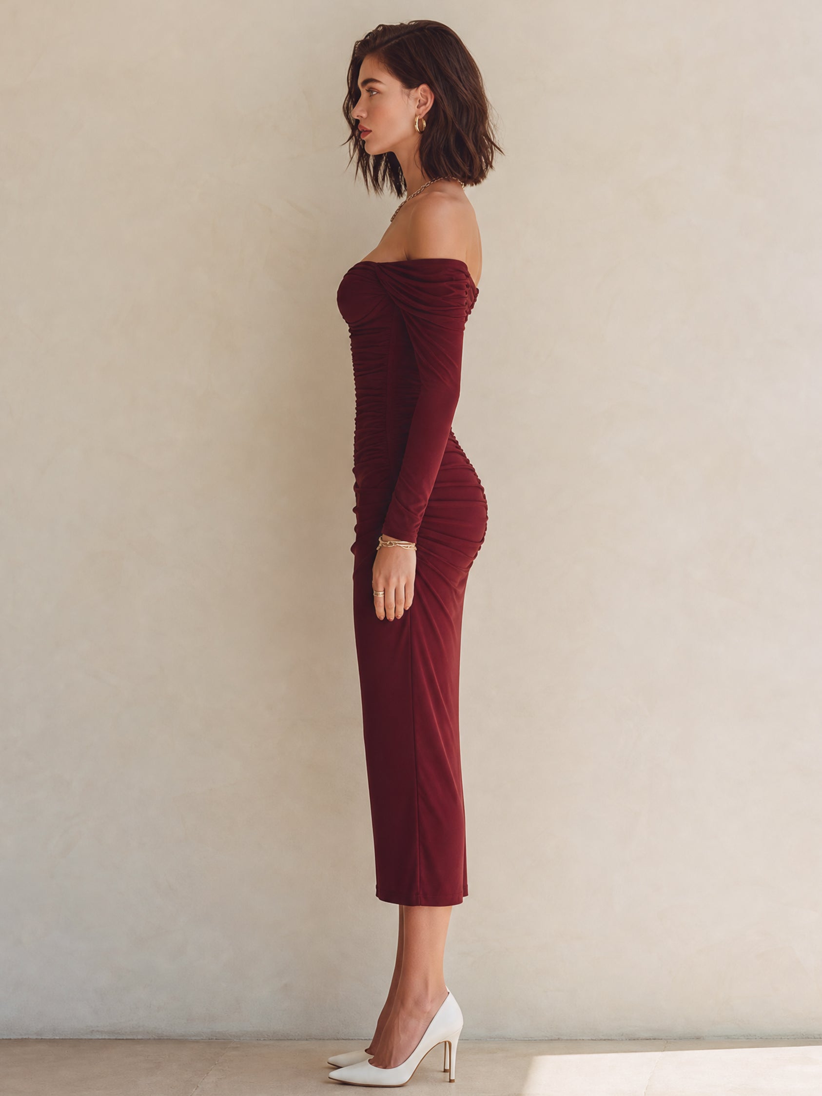 Wine Red Off-the-shoulder Long-sleeve Bodycon Dress