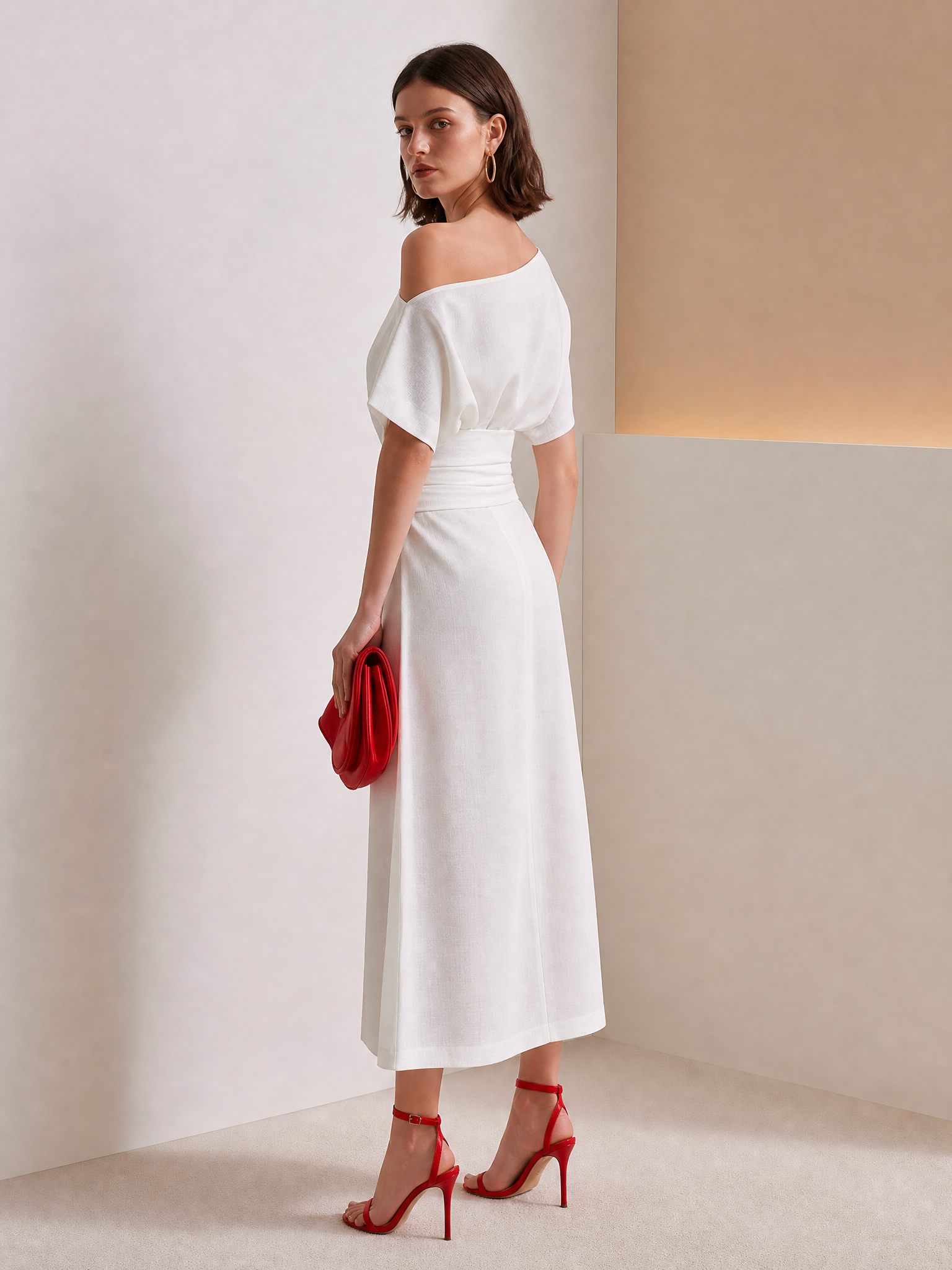 Elegant Beige Asymmetric Draped Waist Work-to-Vacation Dress