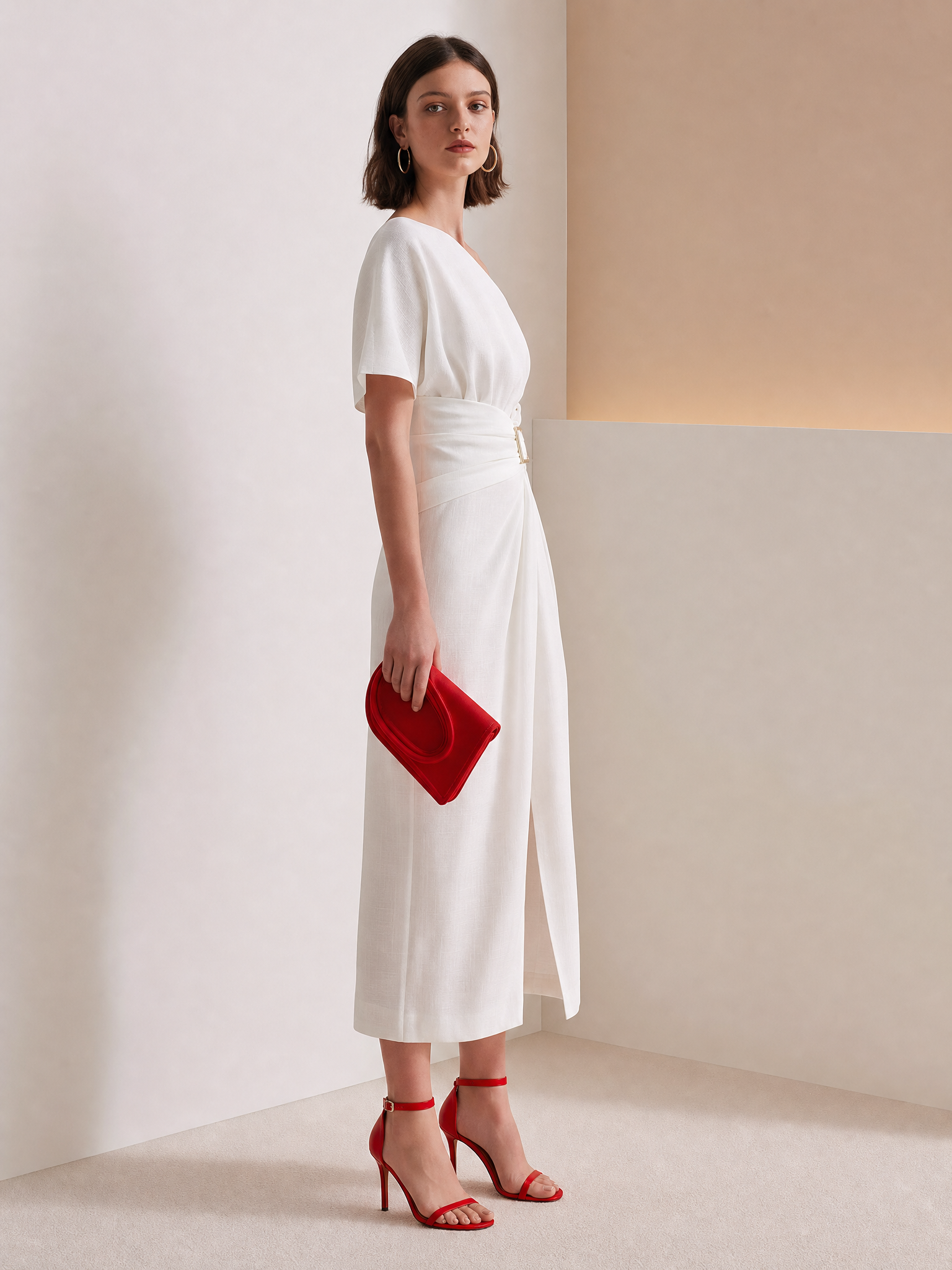 Elegant Beige Asymmetric Draped Waist Work-to-Vacation Dress