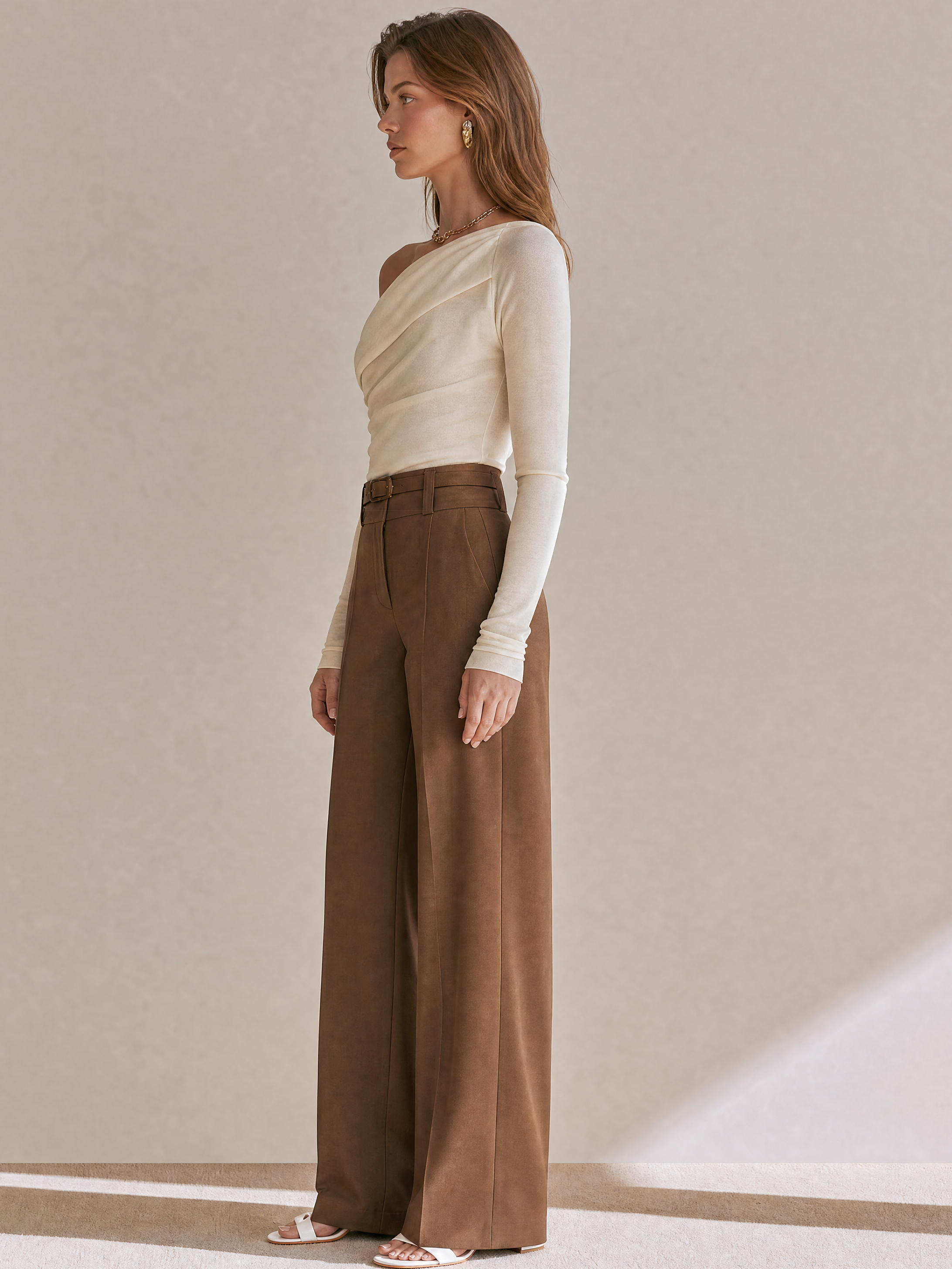 Elegant Ribbed Knit Top & Coffee Brown Wide Leg Pants Set