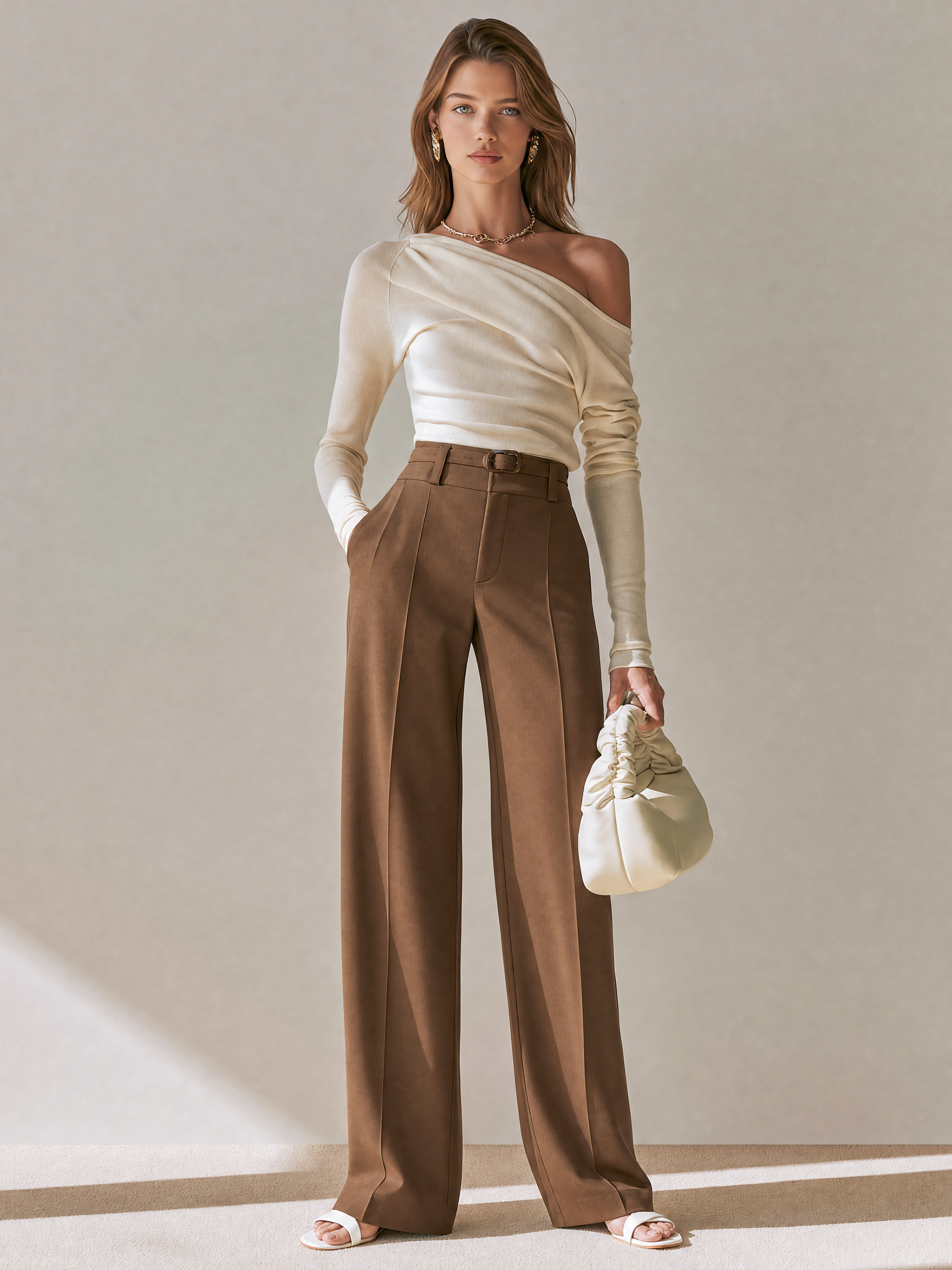 Elegant Ribbed Knit Top & Coffee Brown Wide Leg Pants Set