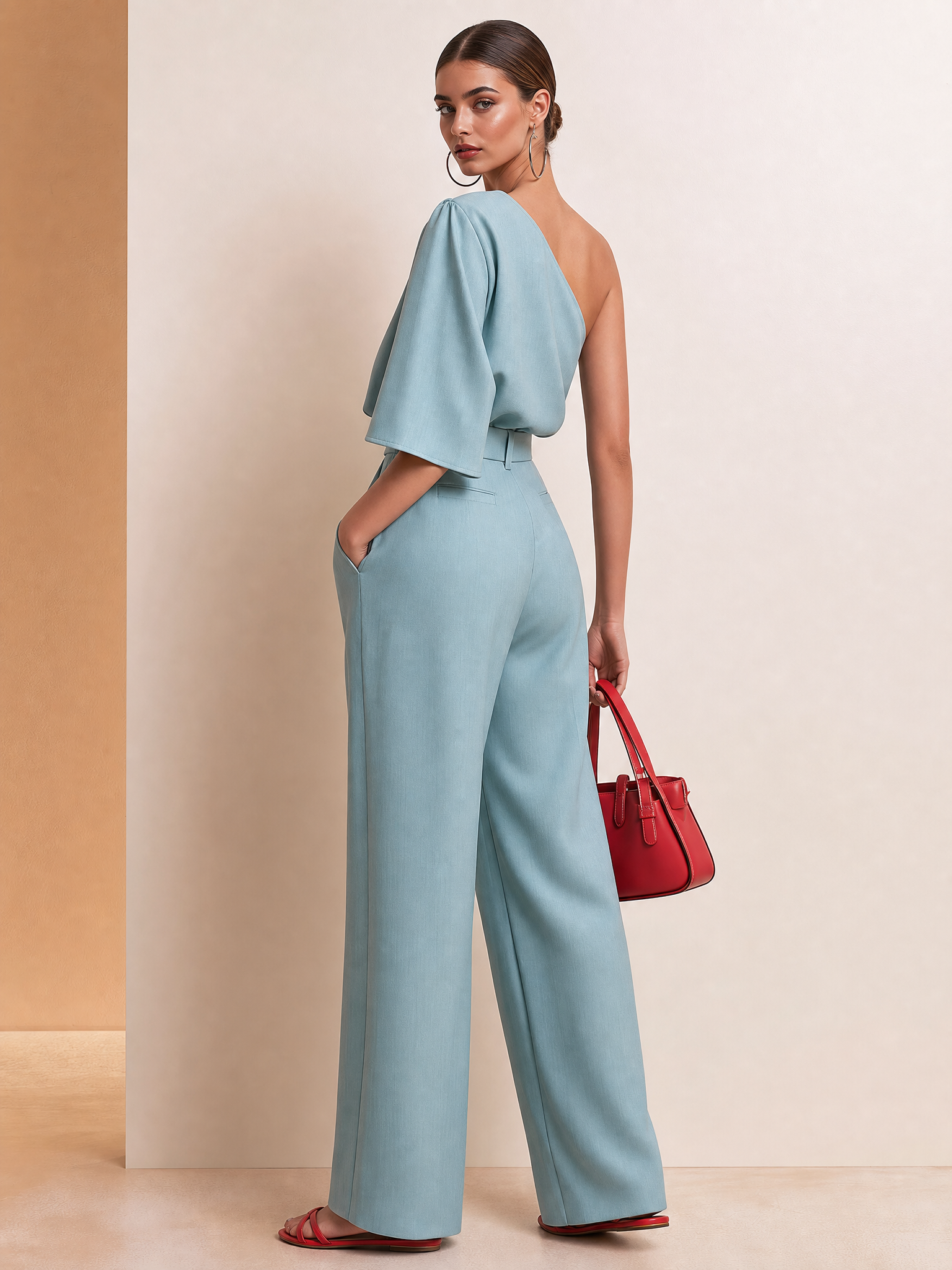 Elegant Water Blue One Shoulder Pleated High Rise Jumpsuit