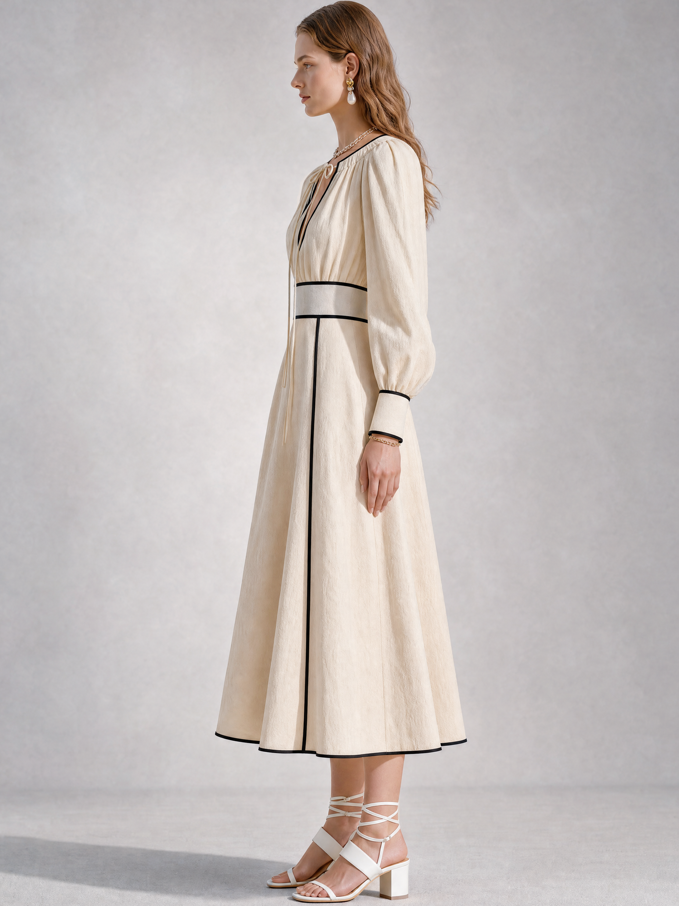 Elegant Linen Blend Tie-Neck Long Sleeve Midi Dress