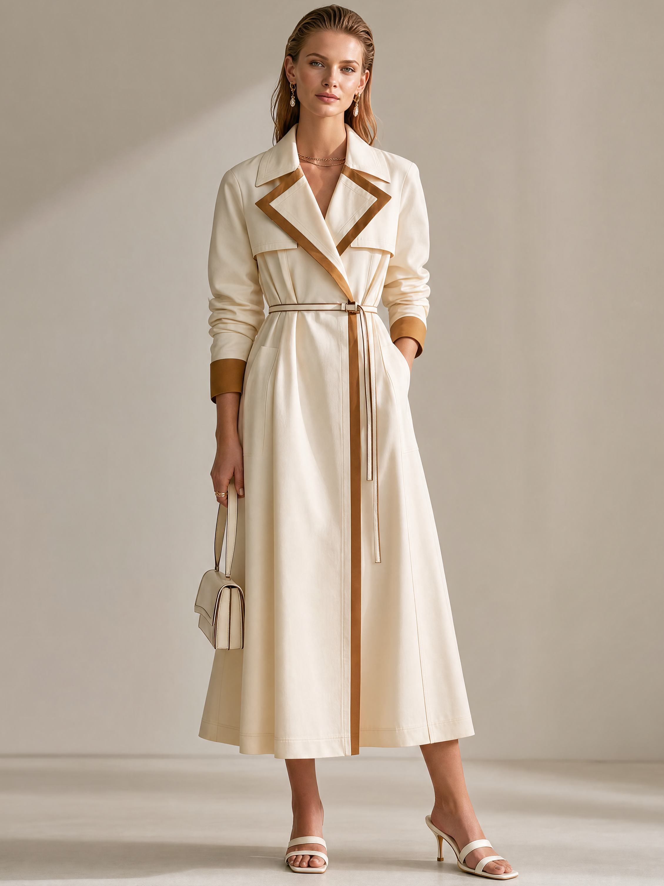 Elegant Khaki Trench Coat Dress With Contrast Trim