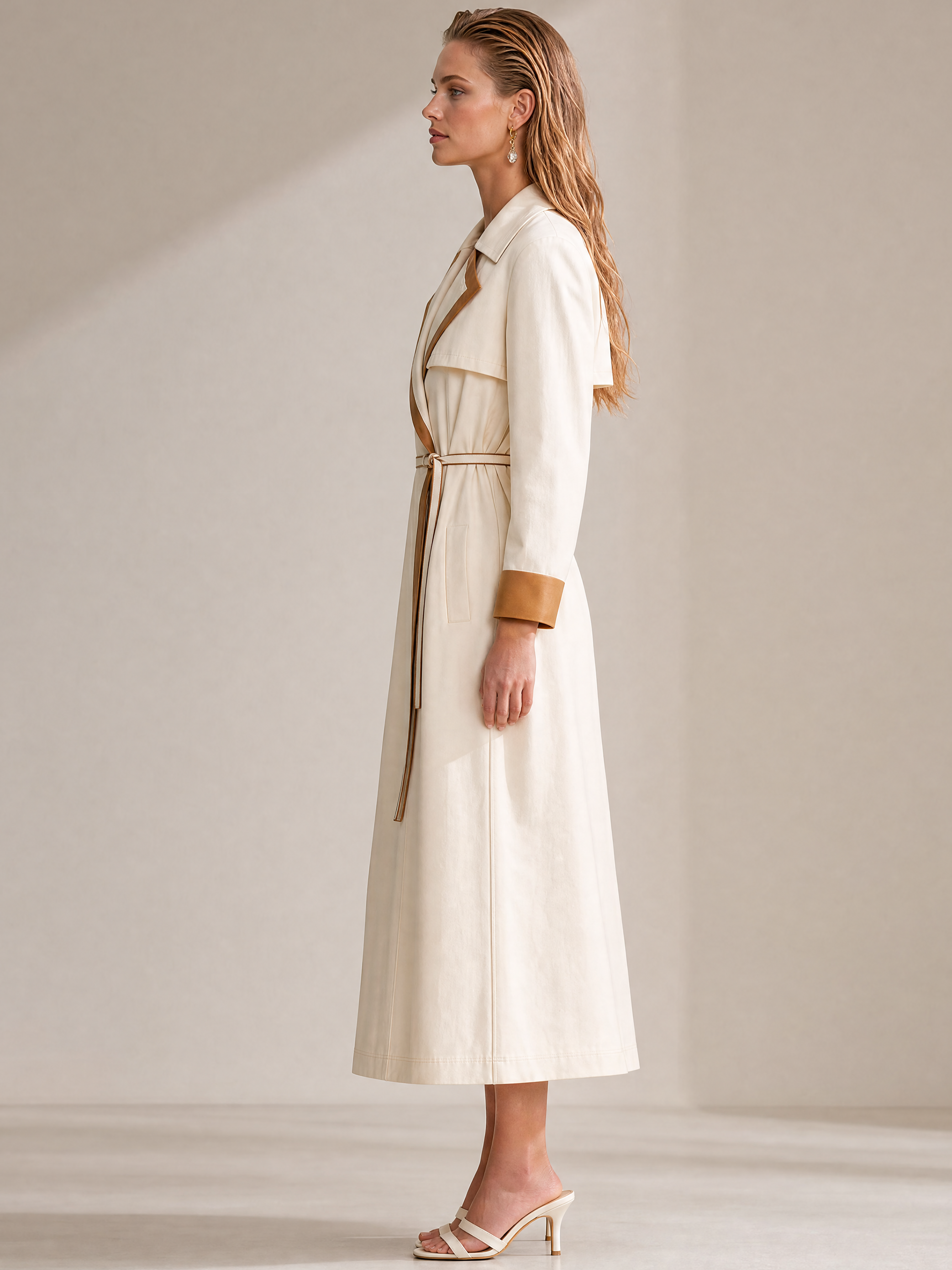 Elegant Khaki Trench Coat Dress With Contrast Trim