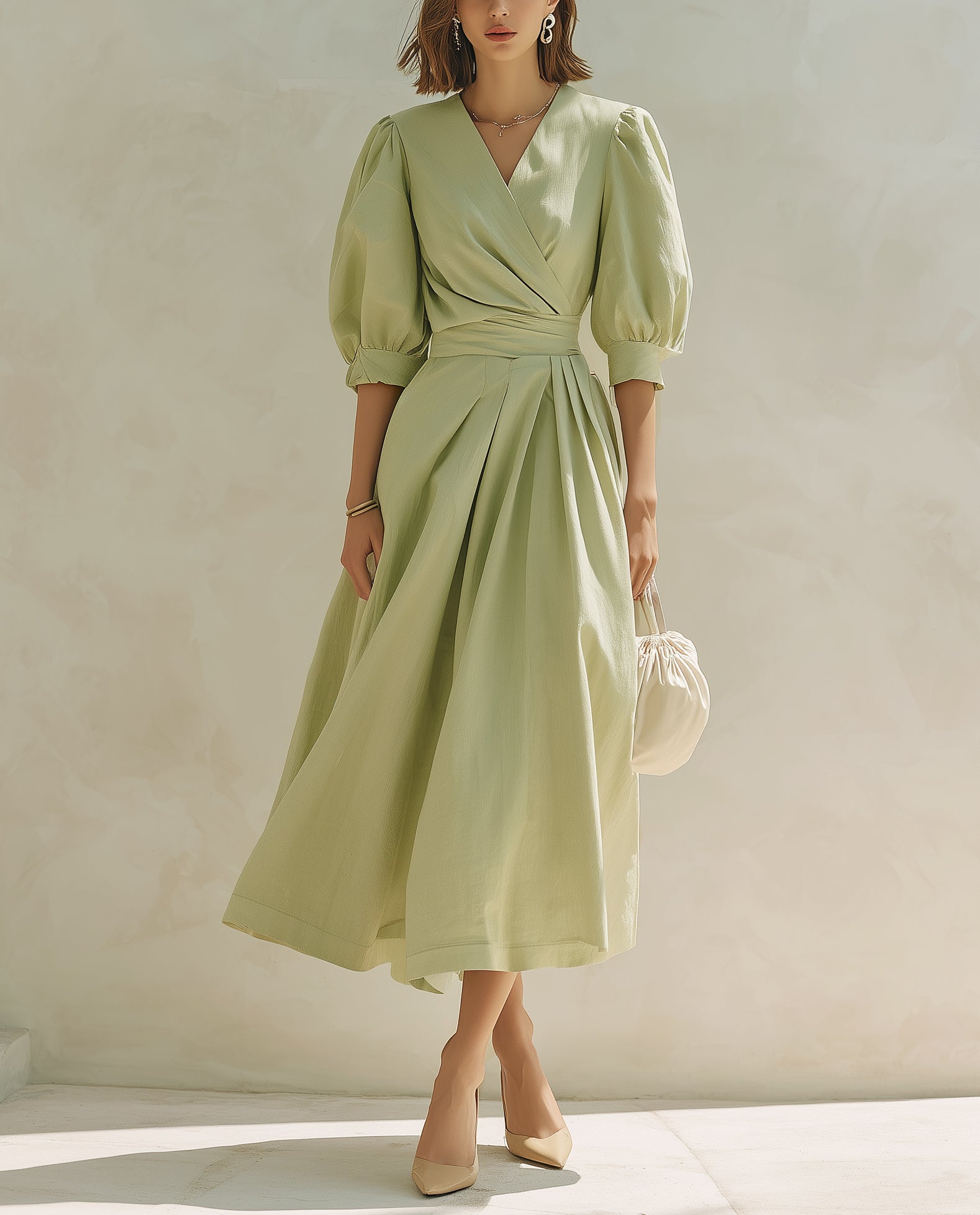 Light Green V-neck Maxi Dress With Puff Sleeves