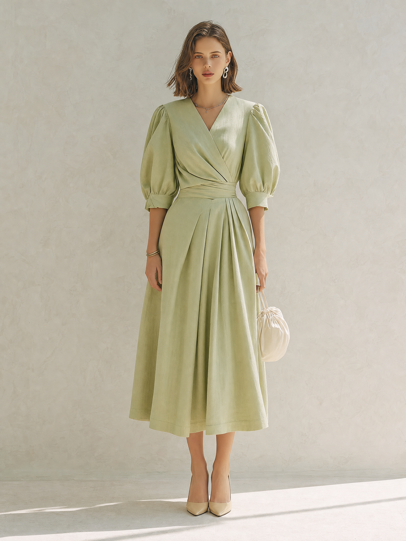 Light Green V-neck Maxi Dress With Puff Sleeves