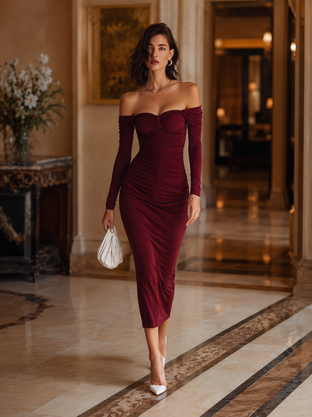 Wine Red Off-the-shoulder Long-sleeve Bodycon Dress