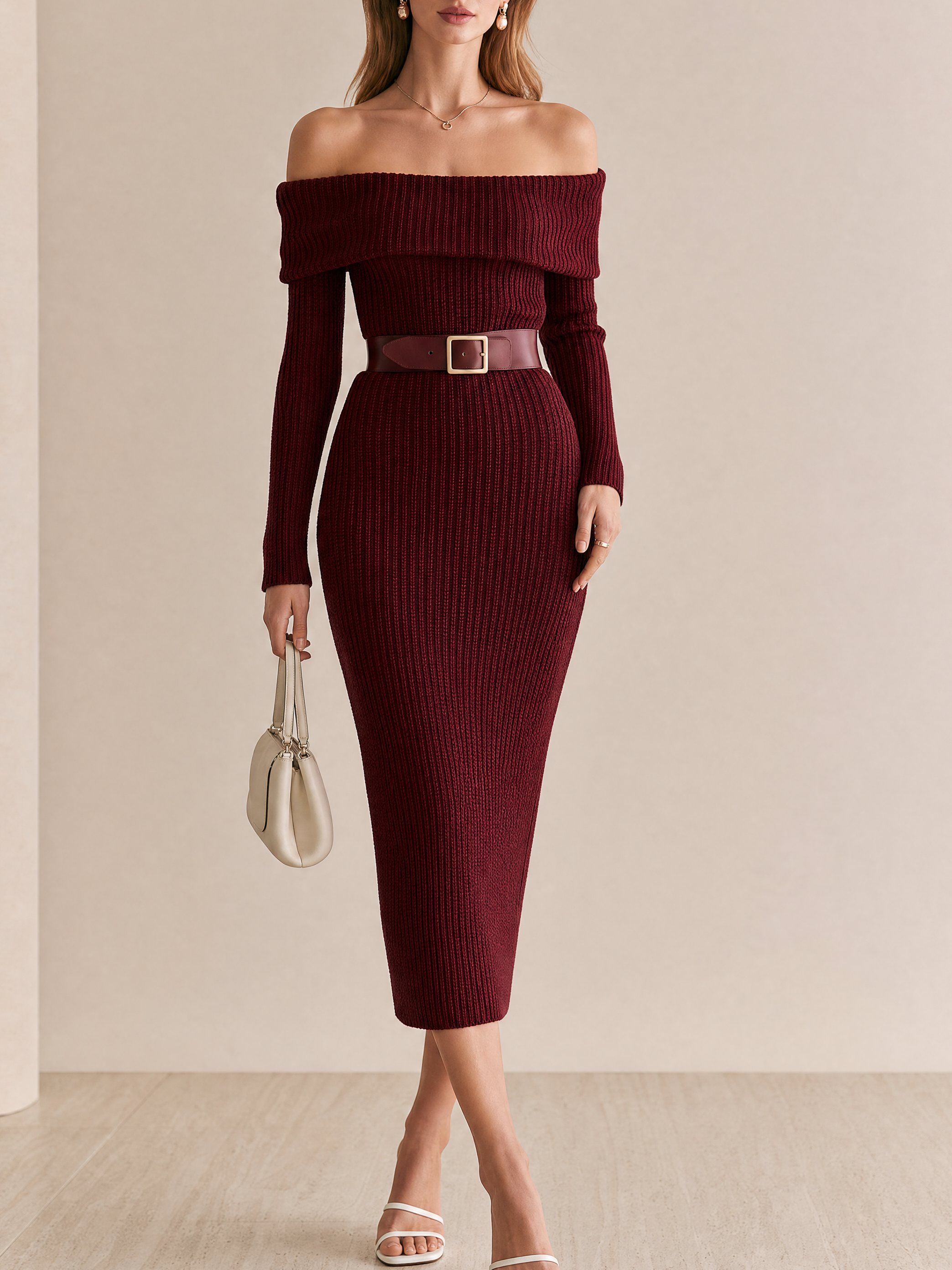 Elegant Burgundy Cotton Blend Ribbed Knit Midi Dress