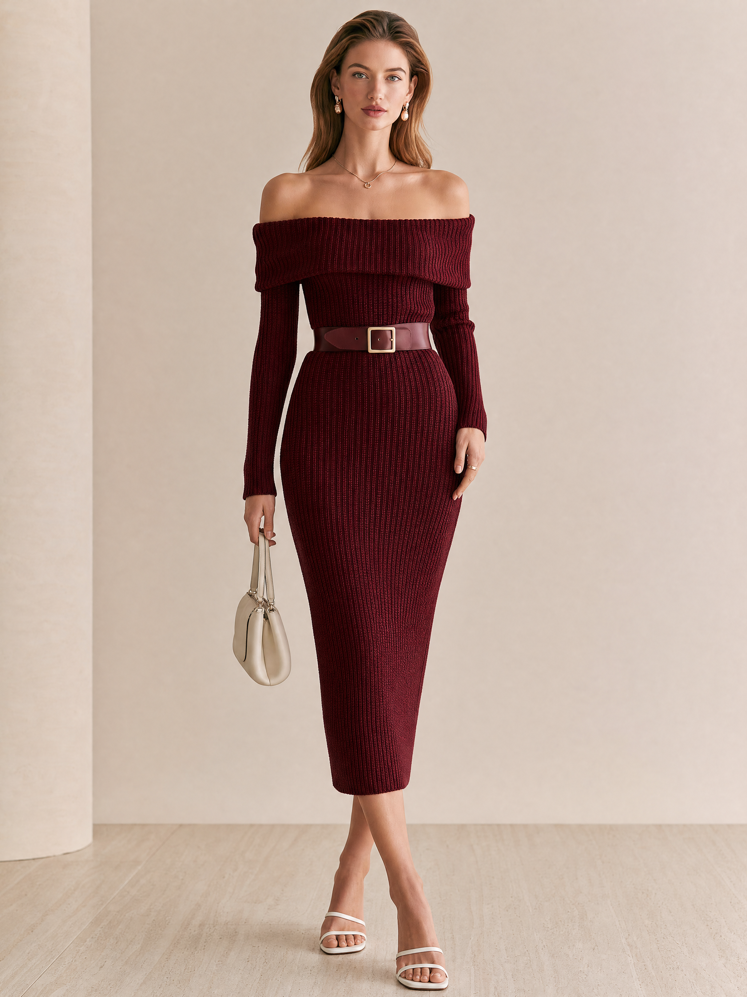 Elegant Burgundy Cotton Blend Ribbed Knit Midi Dress