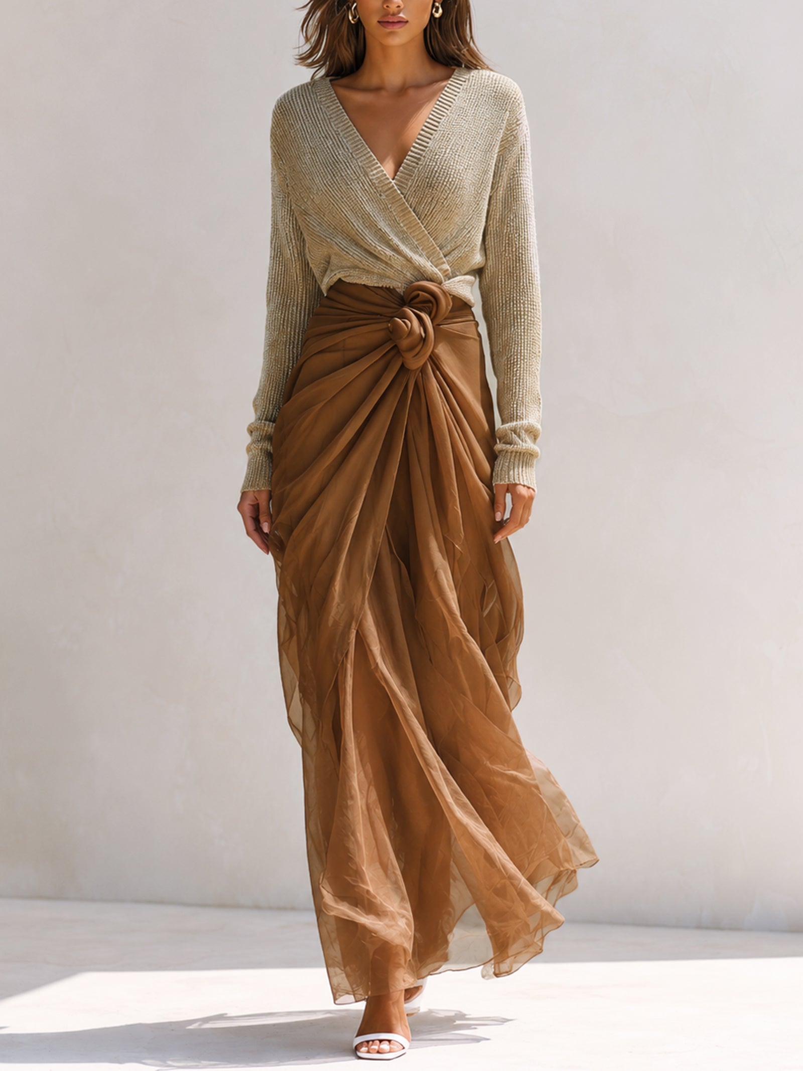 Brown V-neck Knit Top And Tulle Skirt Set
