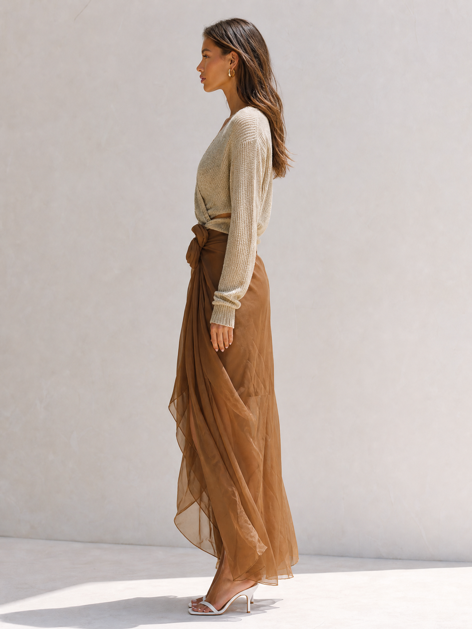 Brown V-neck Knit Top And Tulle Skirt Set
