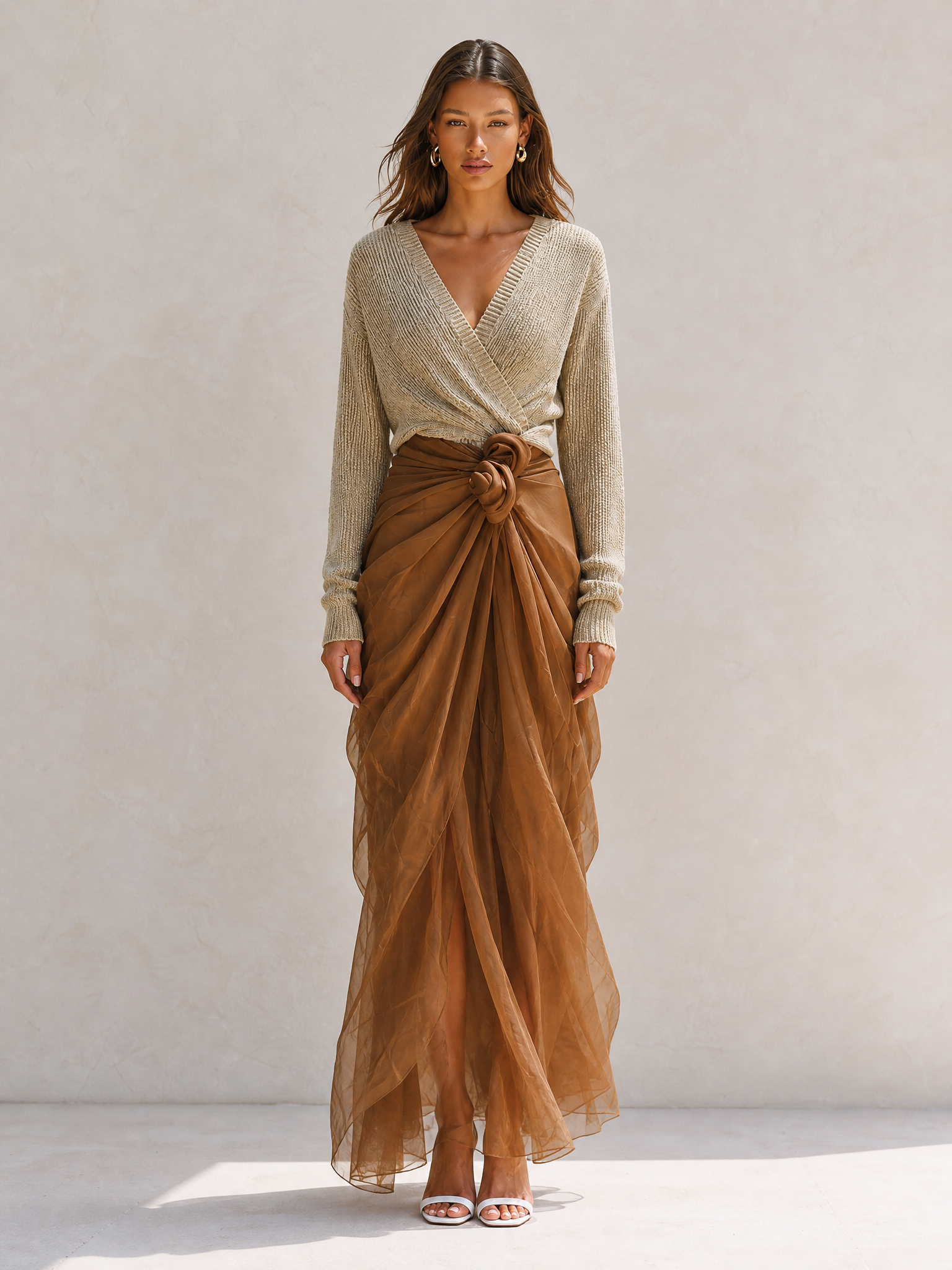 Brown V-neck Knit Top And Tulle Skirt Set