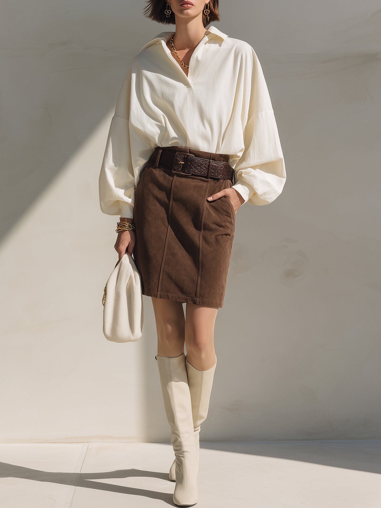 White Shirt And Brown Suede Skirt Set