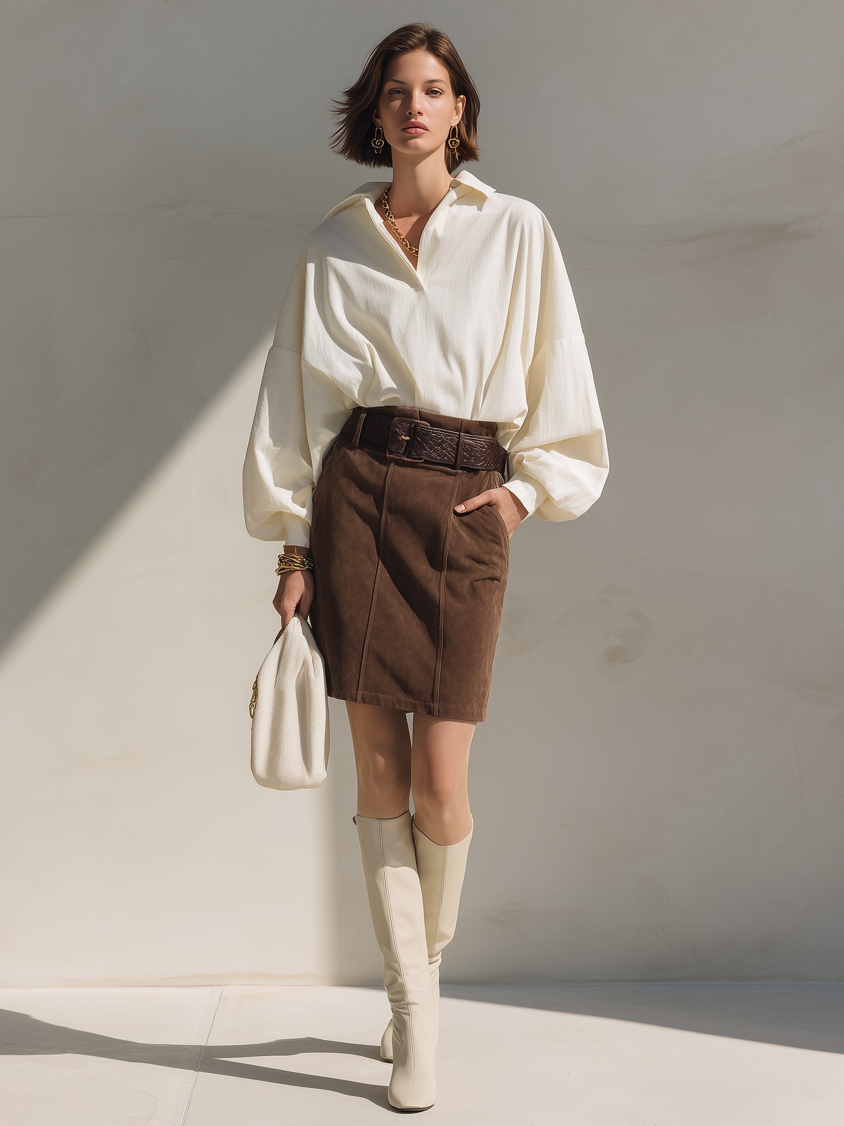 White Shirt And Brown Suede Skirt Set