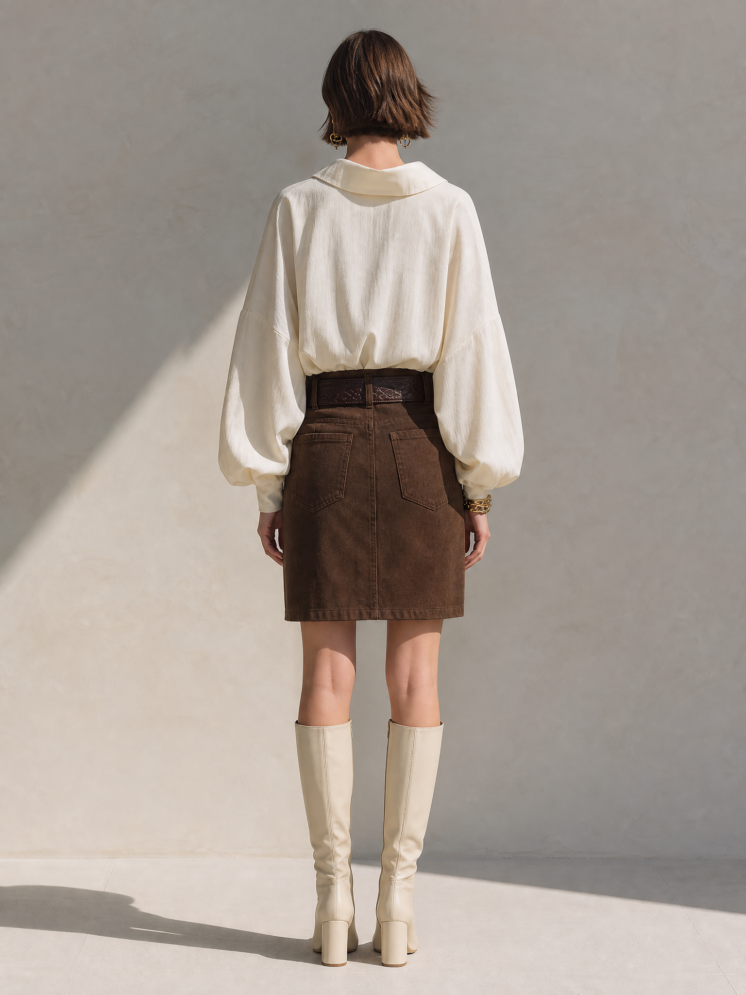 White Shirt And Brown Suede Skirt Set