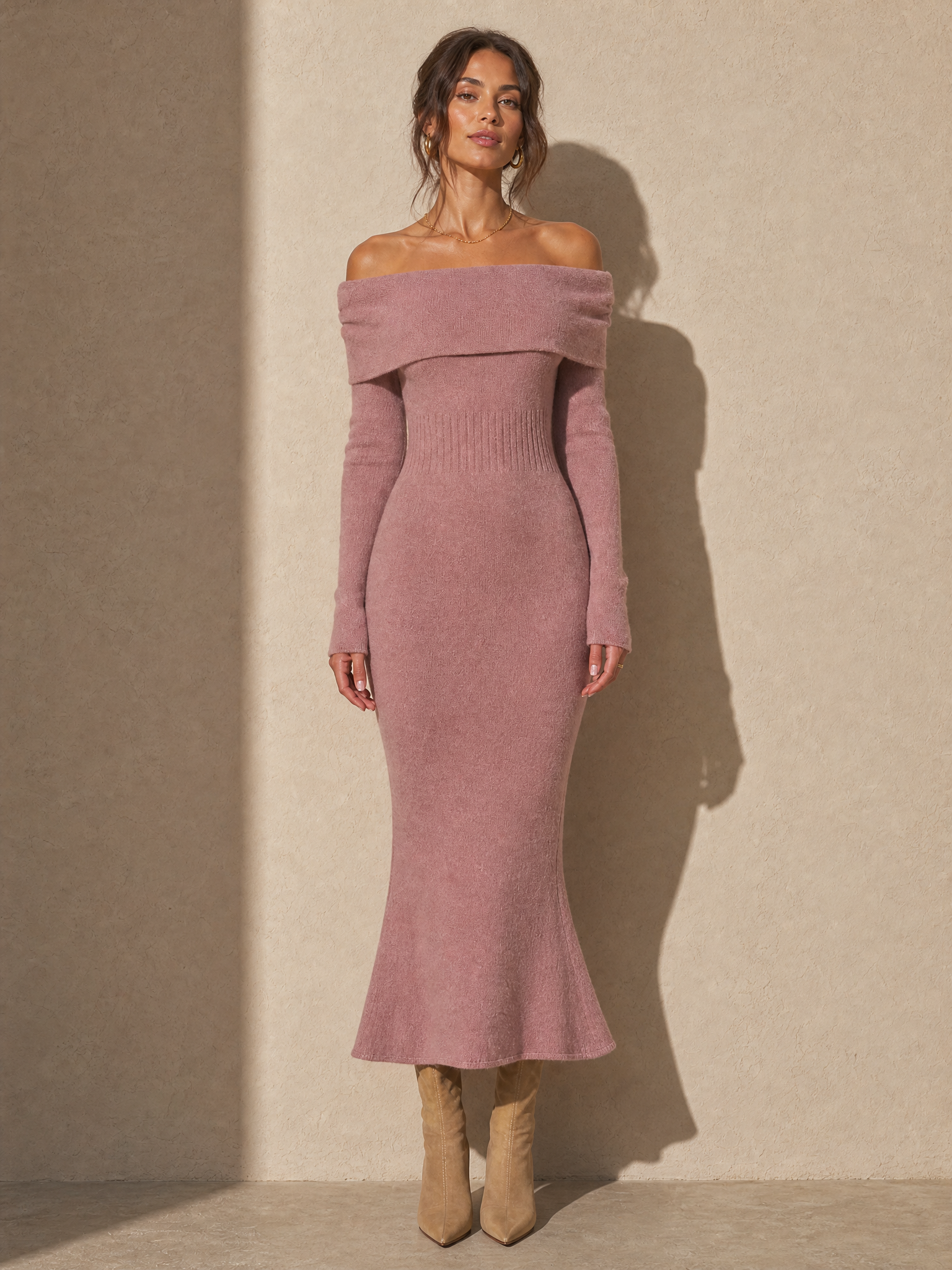 Pink Off-the-shoulder Collared Knit Dress