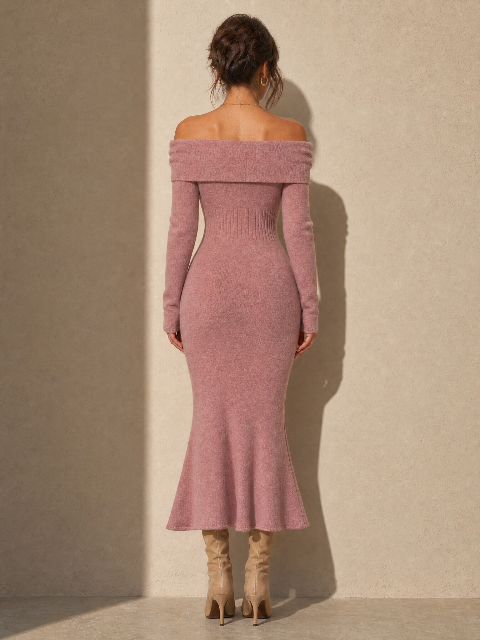 Pink Off-the-shoulder Collared Knit Dress