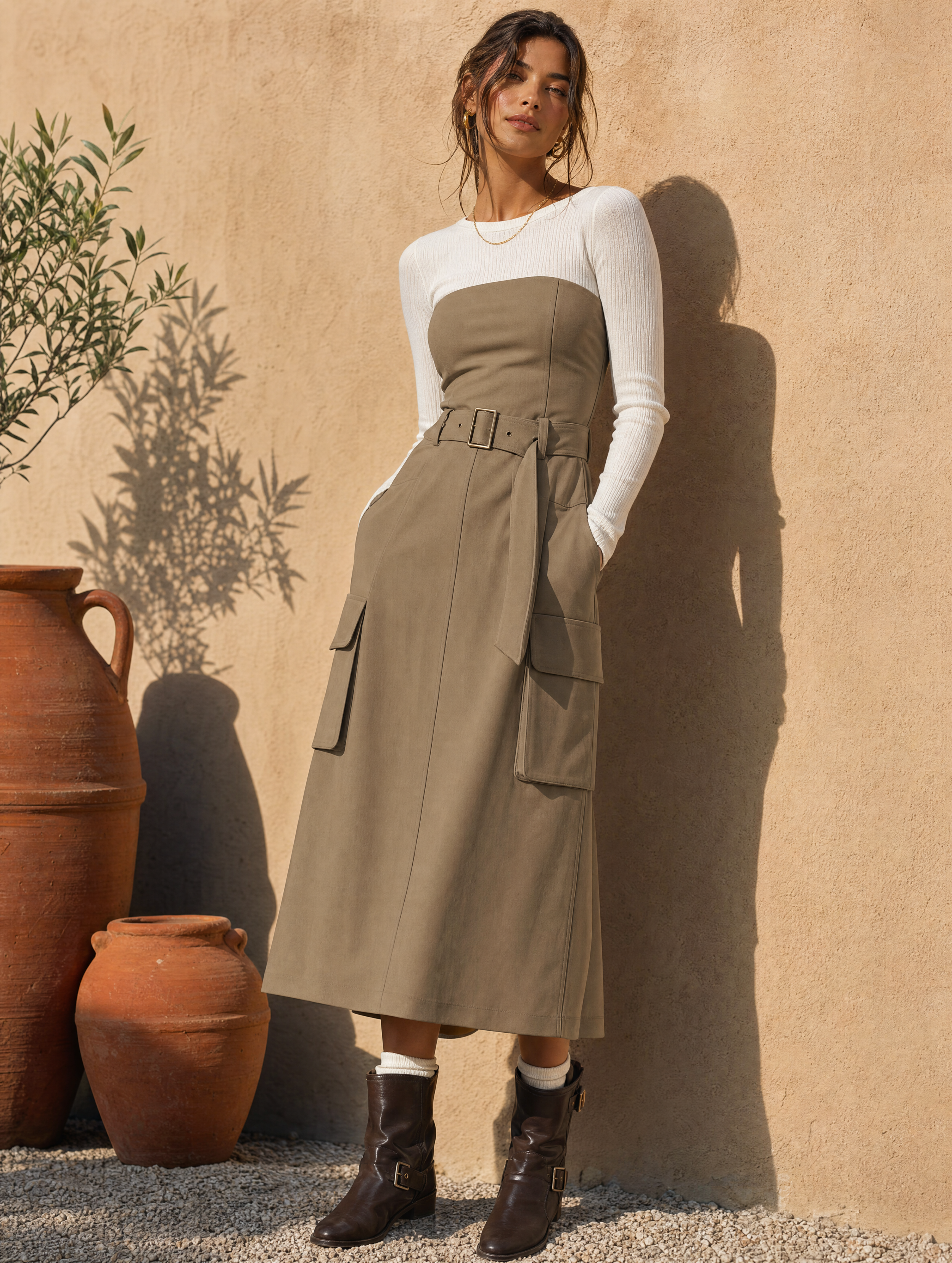 Brown Faux-layered Dress