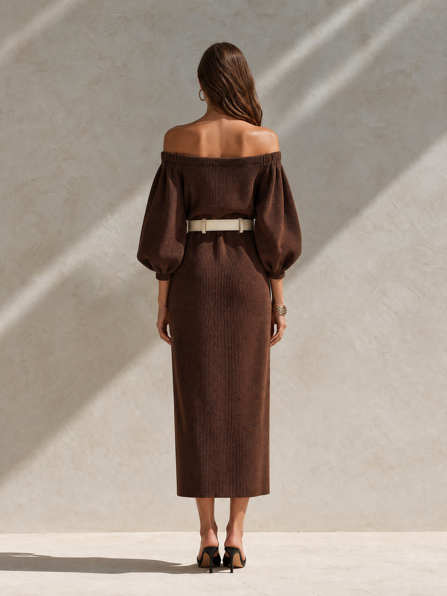 Brown Off-the-shoulder Knit Dress With Lantern Sleeves