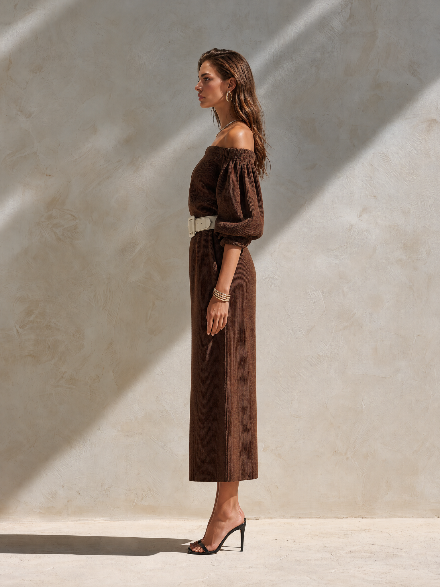Brown Off-the-shoulder Knit Dress With Lantern Sleeves
