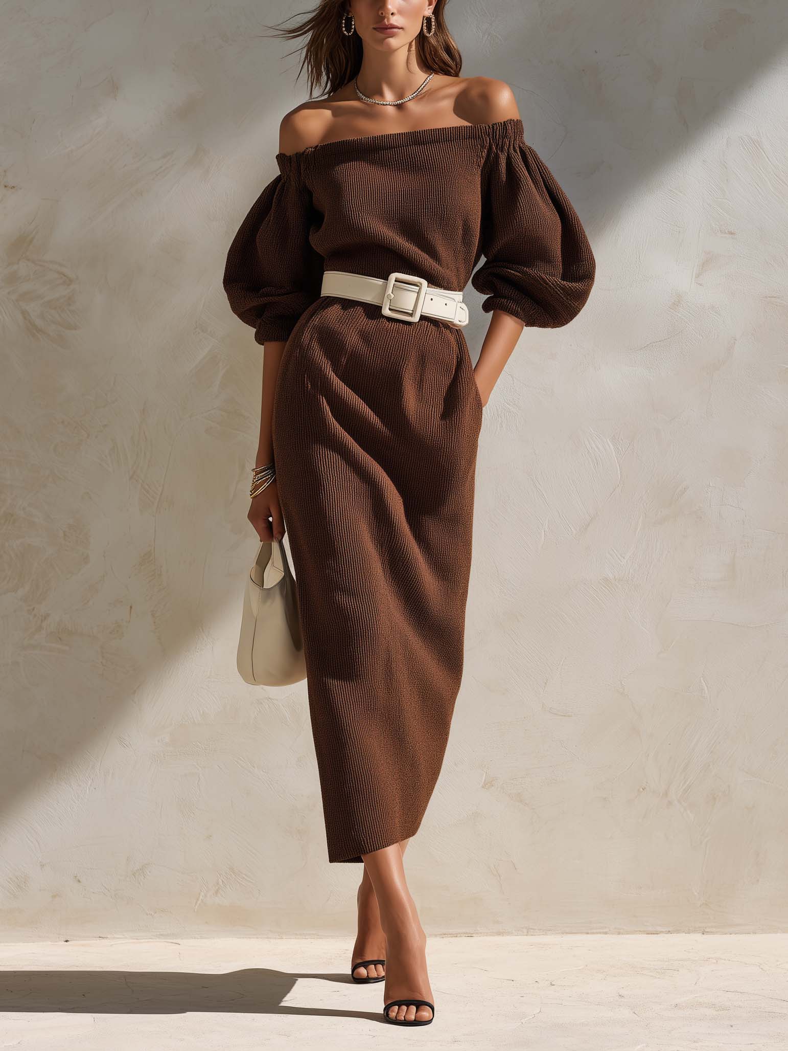 Brown Off-the-shoulder Knit Dress With Lantern Sleeves