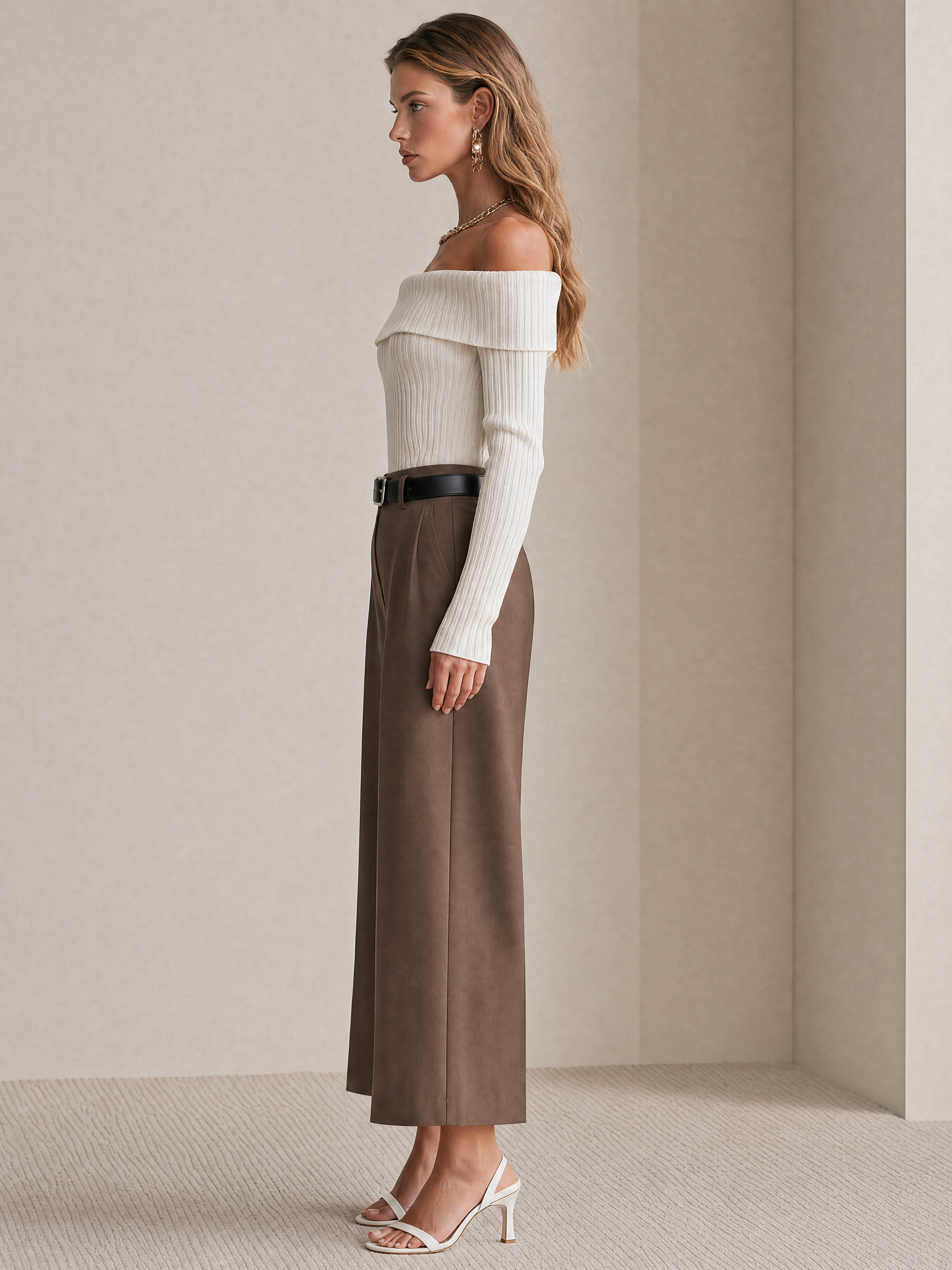 Elegant Ribbed Knit Foldover Top And Brown Tailored Pants Set