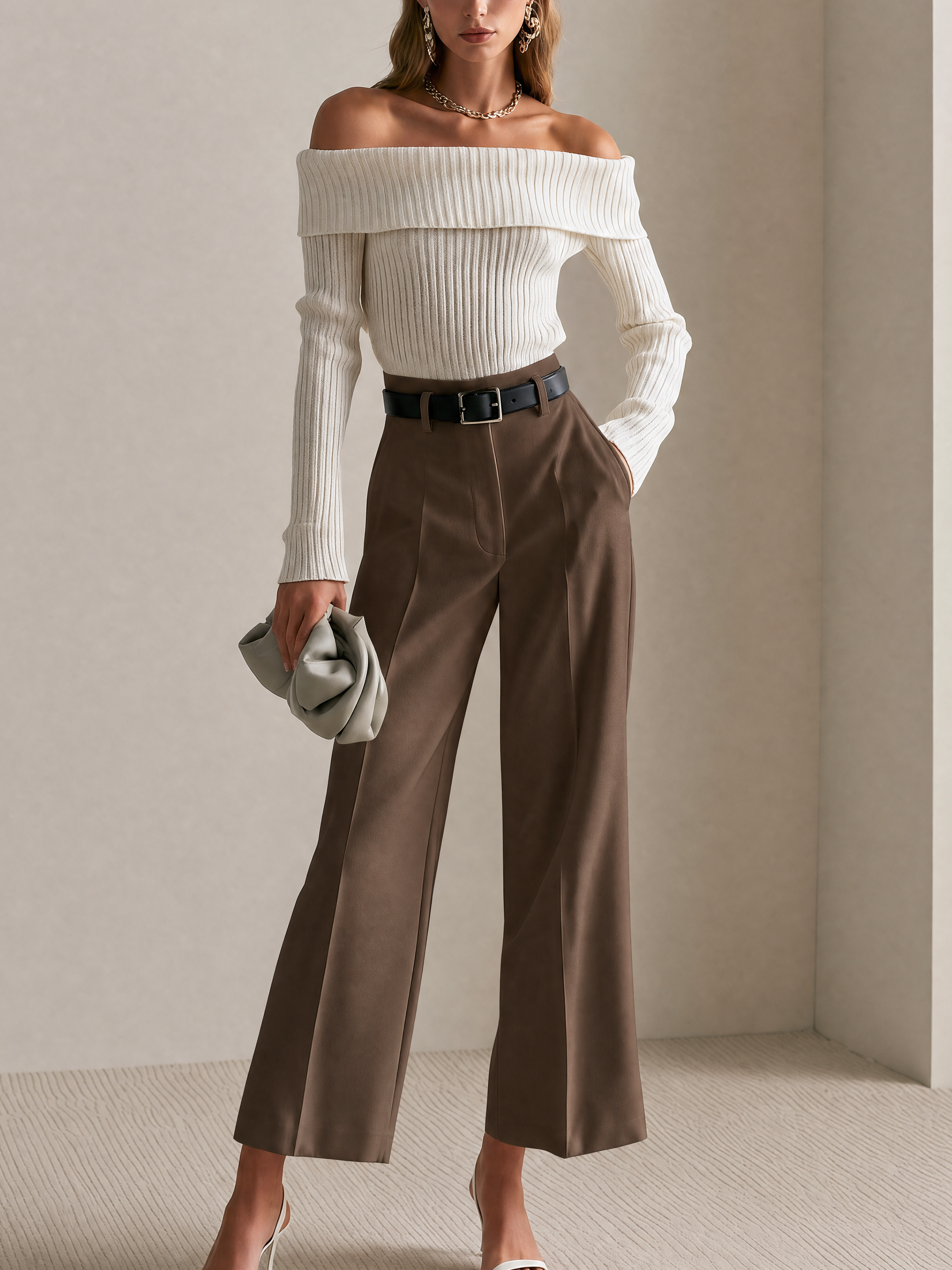 Elegant Ribbed Knit Foldover Top And Brown Tailored Pants Set