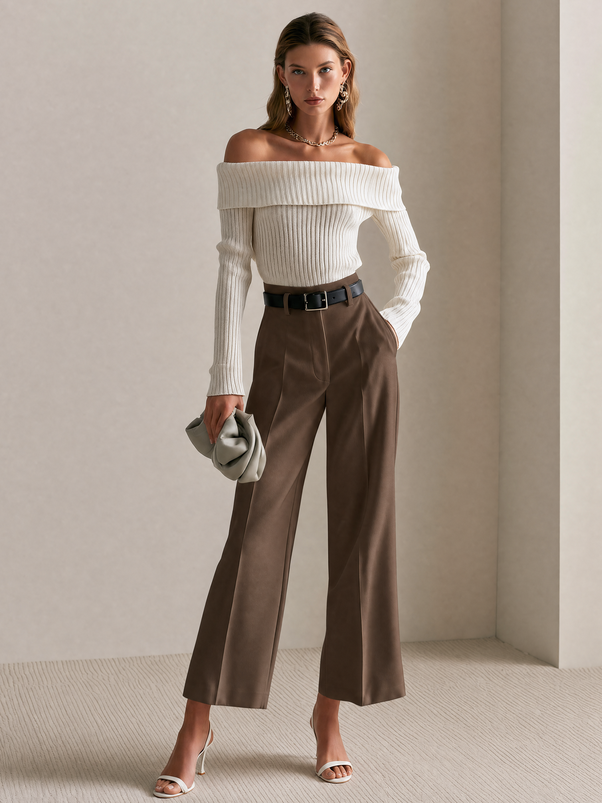 Elegant Ribbed Knit Foldover Top And Brown Tailored Pants Set