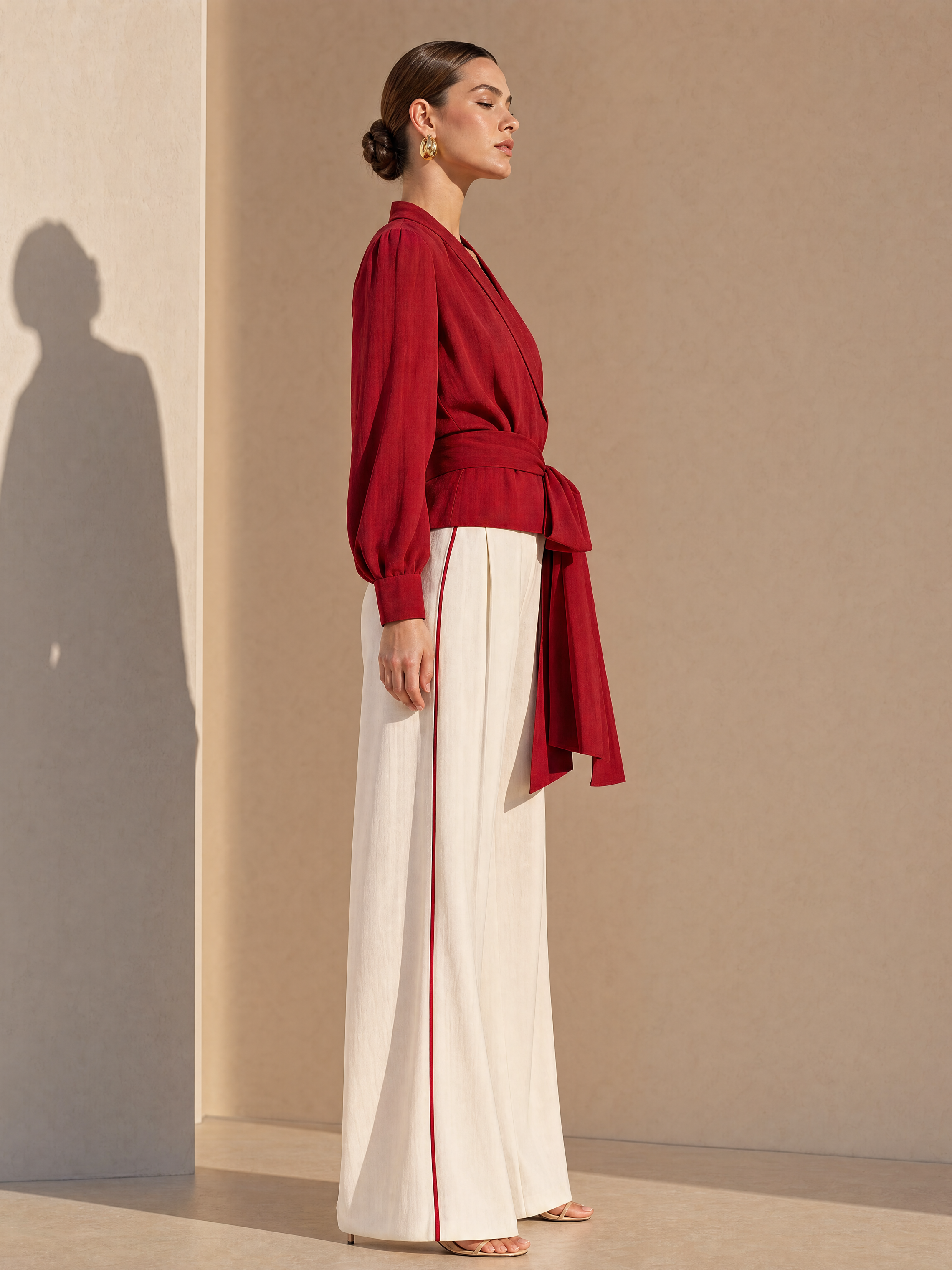 Elegant Red Linen Blend Shirt And White Wide Leg Pants Set