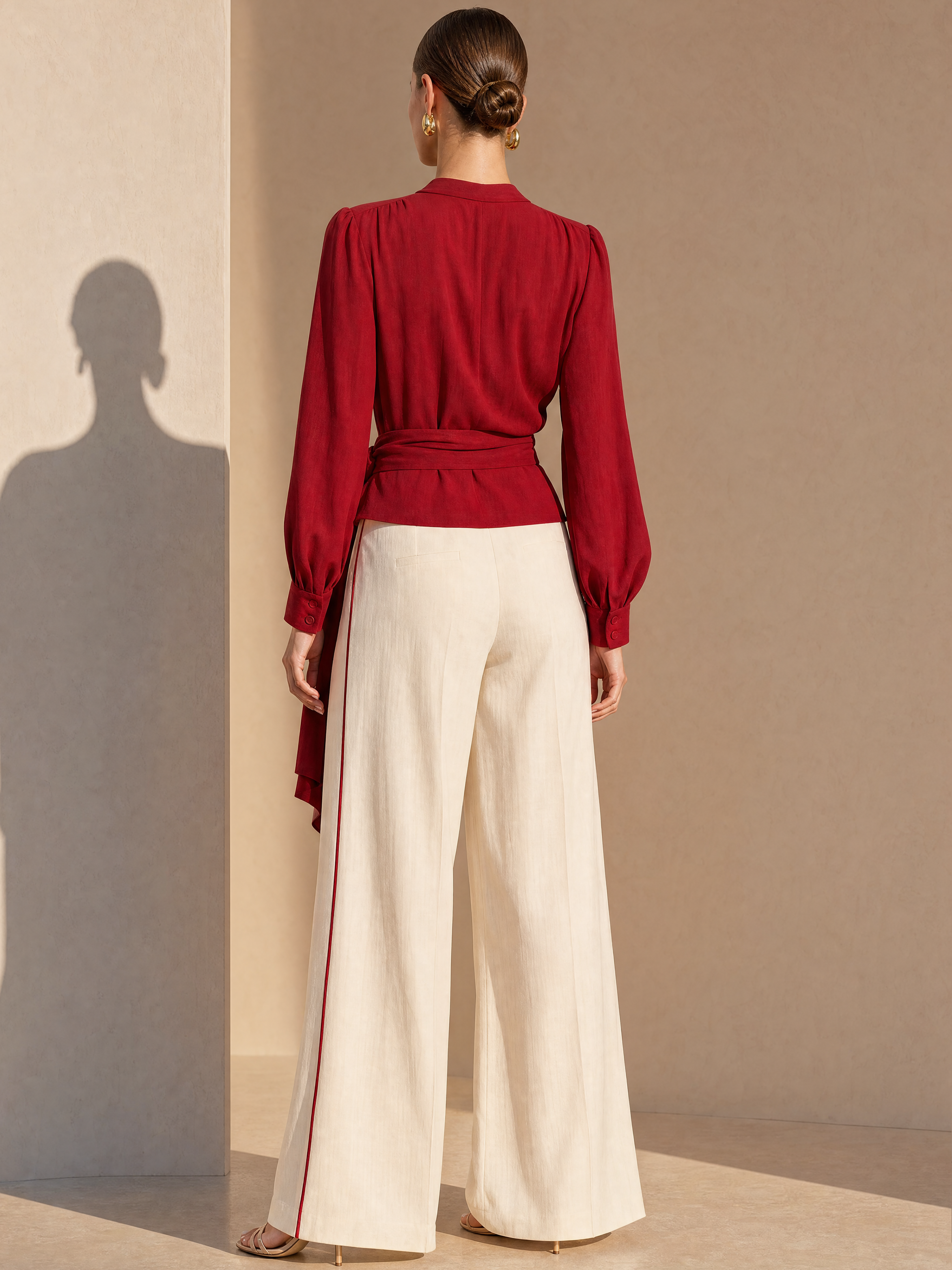 Elegant Red Linen Blend Shirt And White Wide Leg Pants Set