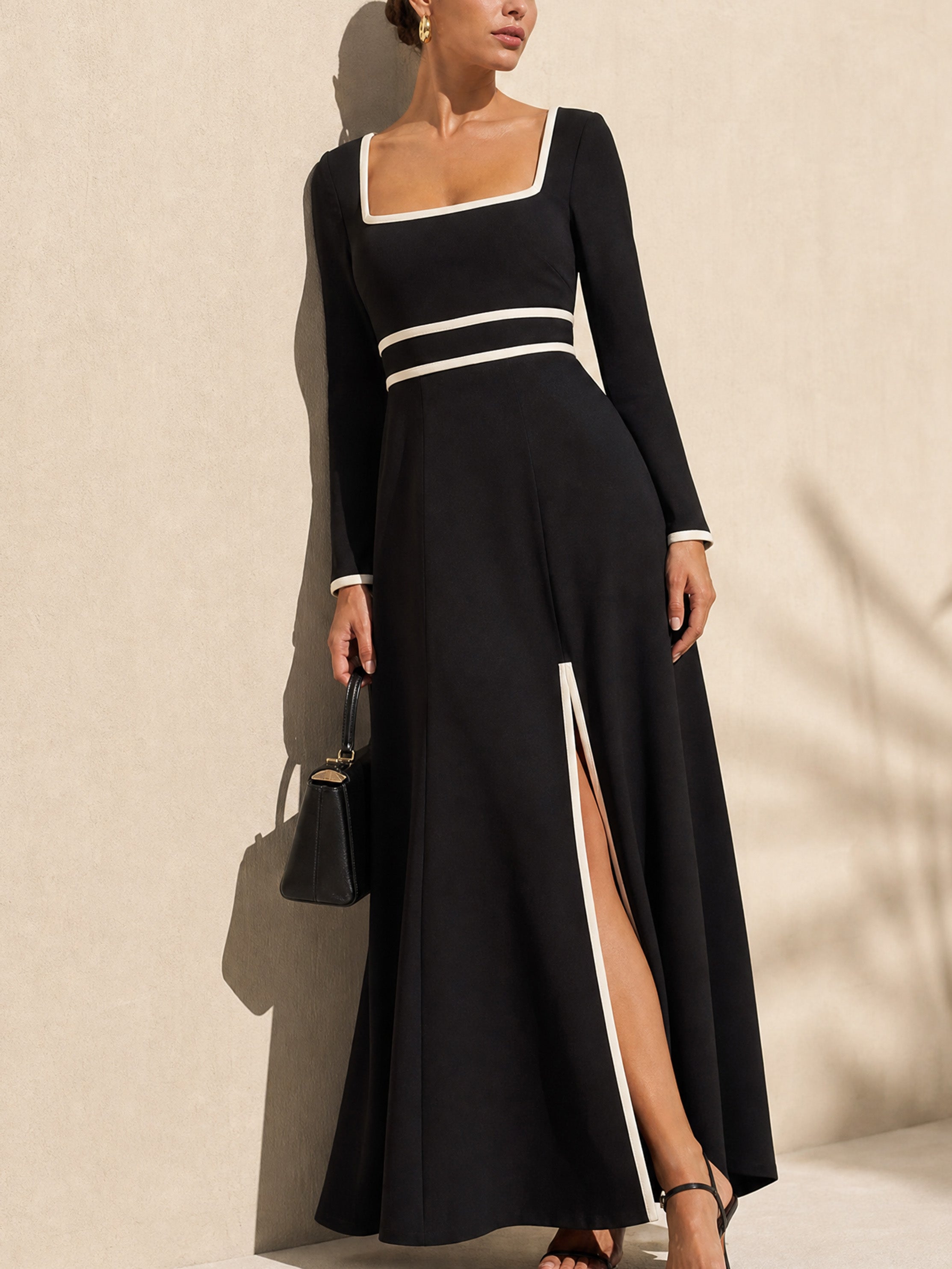 Elegant Contrast Square Neck Long Sleeve Slimming Dress