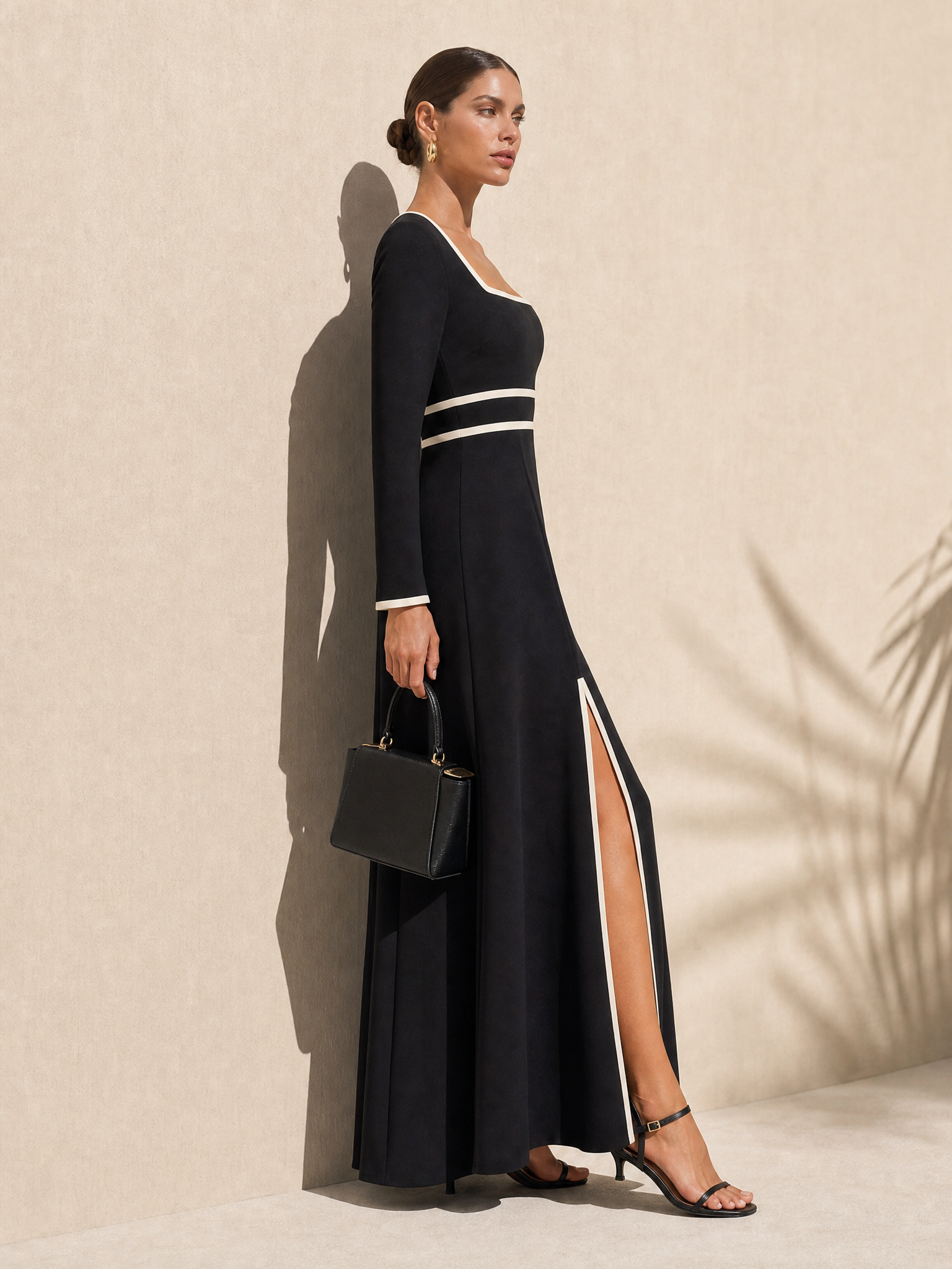 Elegant Contrast Square Neck Long Sleeve Slimming Dress
