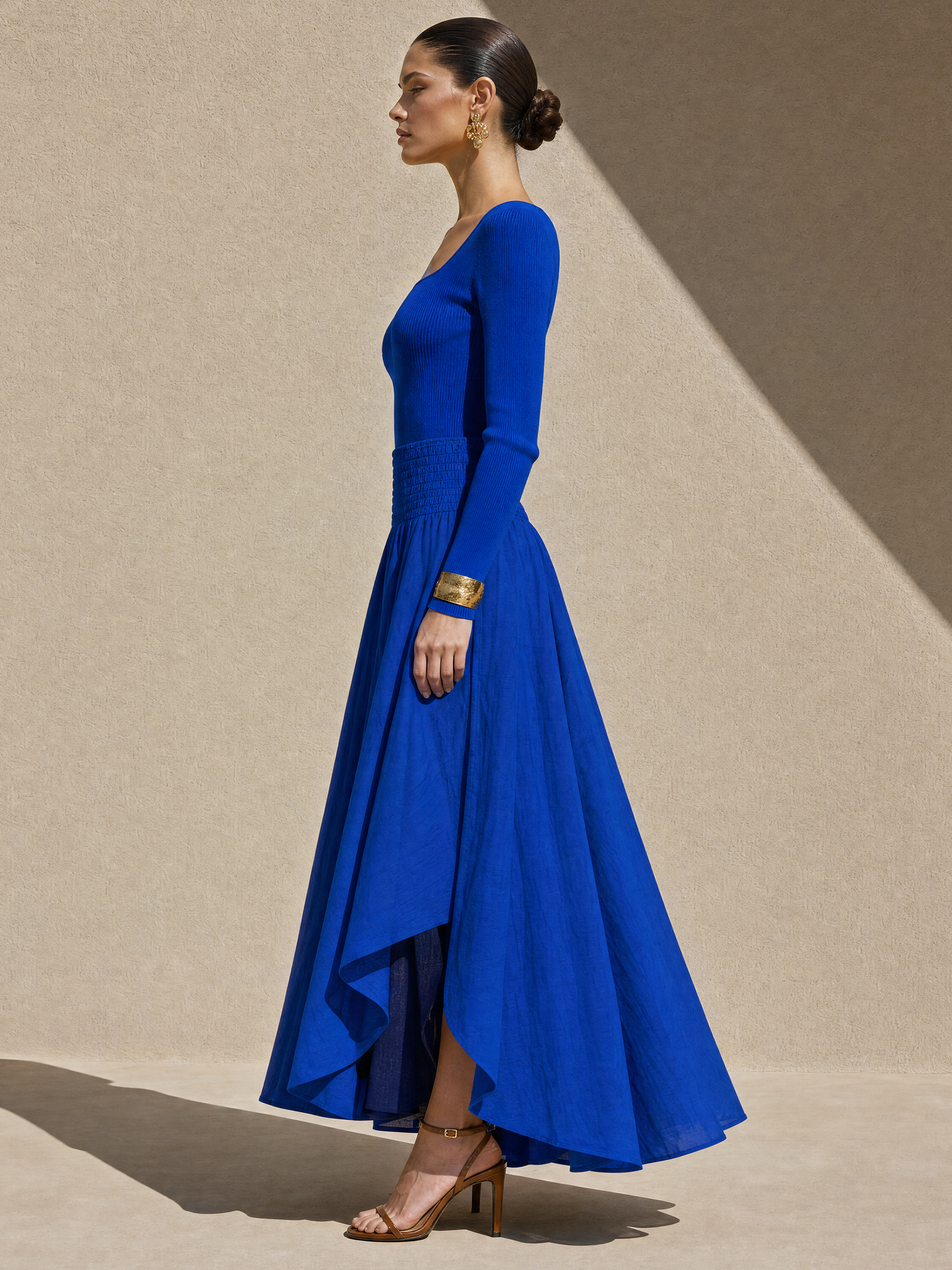 Elegant Royal Blue Ribbed Knit Top & Linen Blend Maxi Skirt Set
