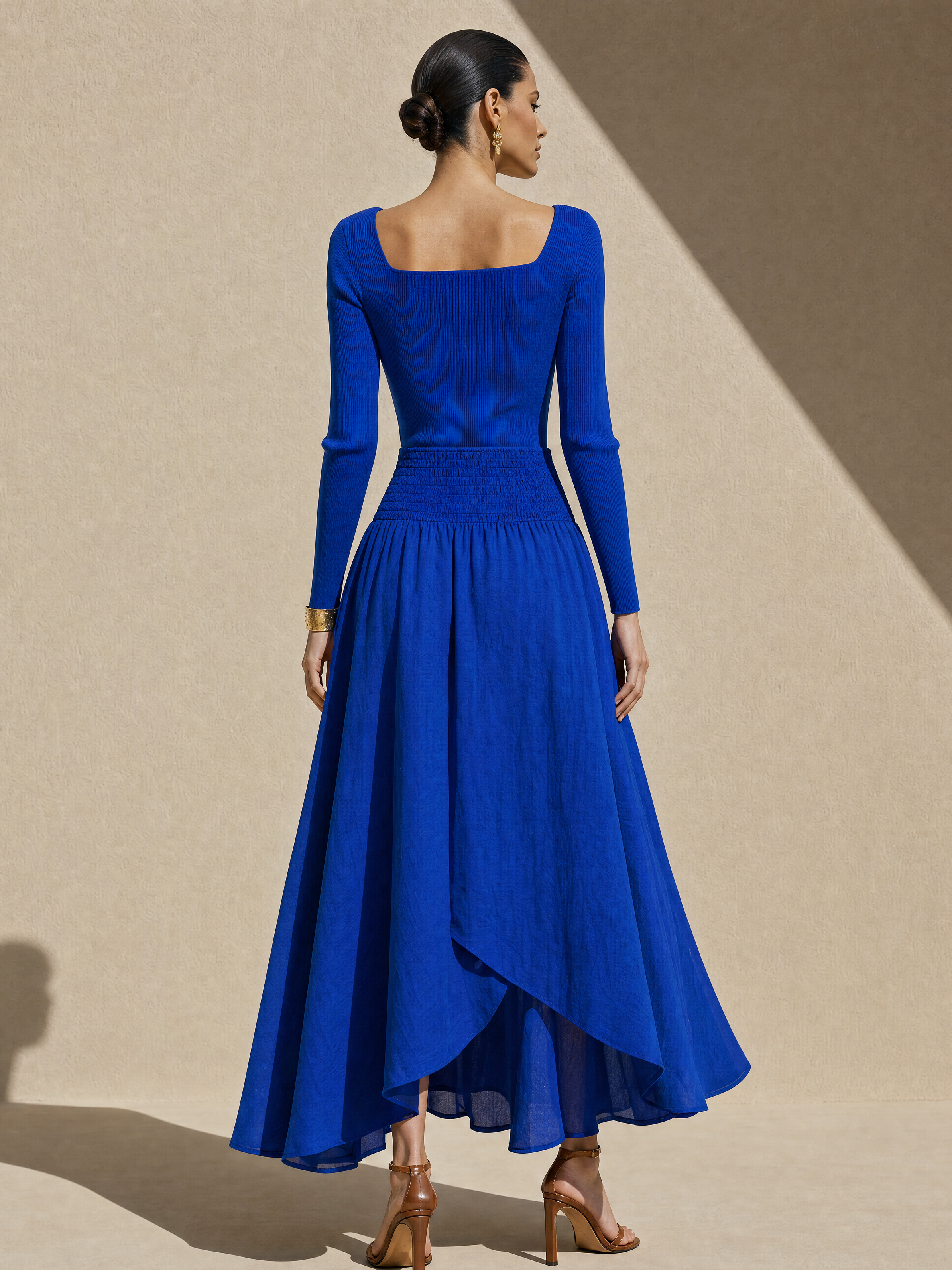 Elegant Royal Blue Ribbed Knit Top & Linen Blend Maxi Skirt Set