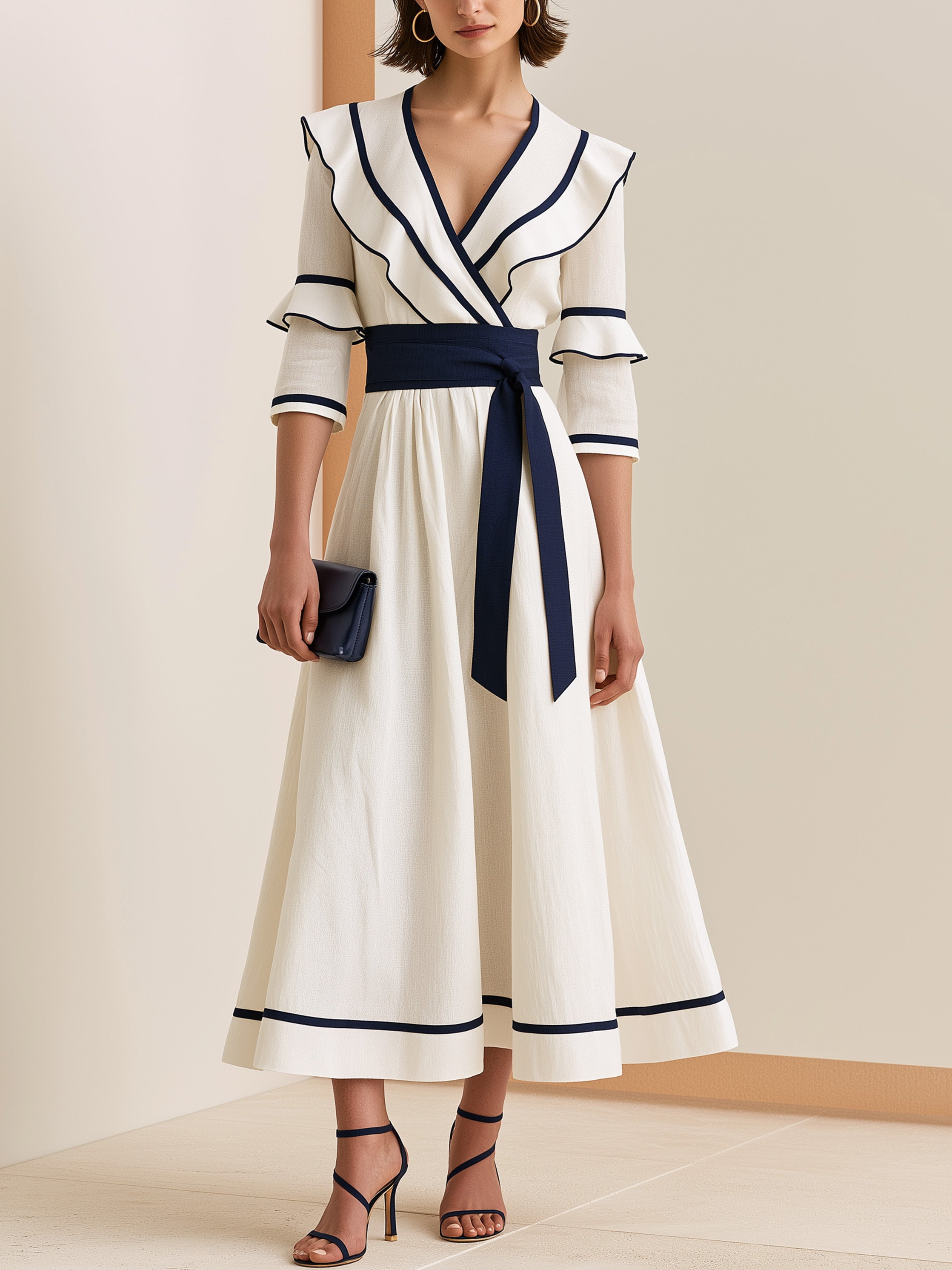 Elegant Off-White Navy Piped Elbow Tie Belt Relaxed Midi Dress