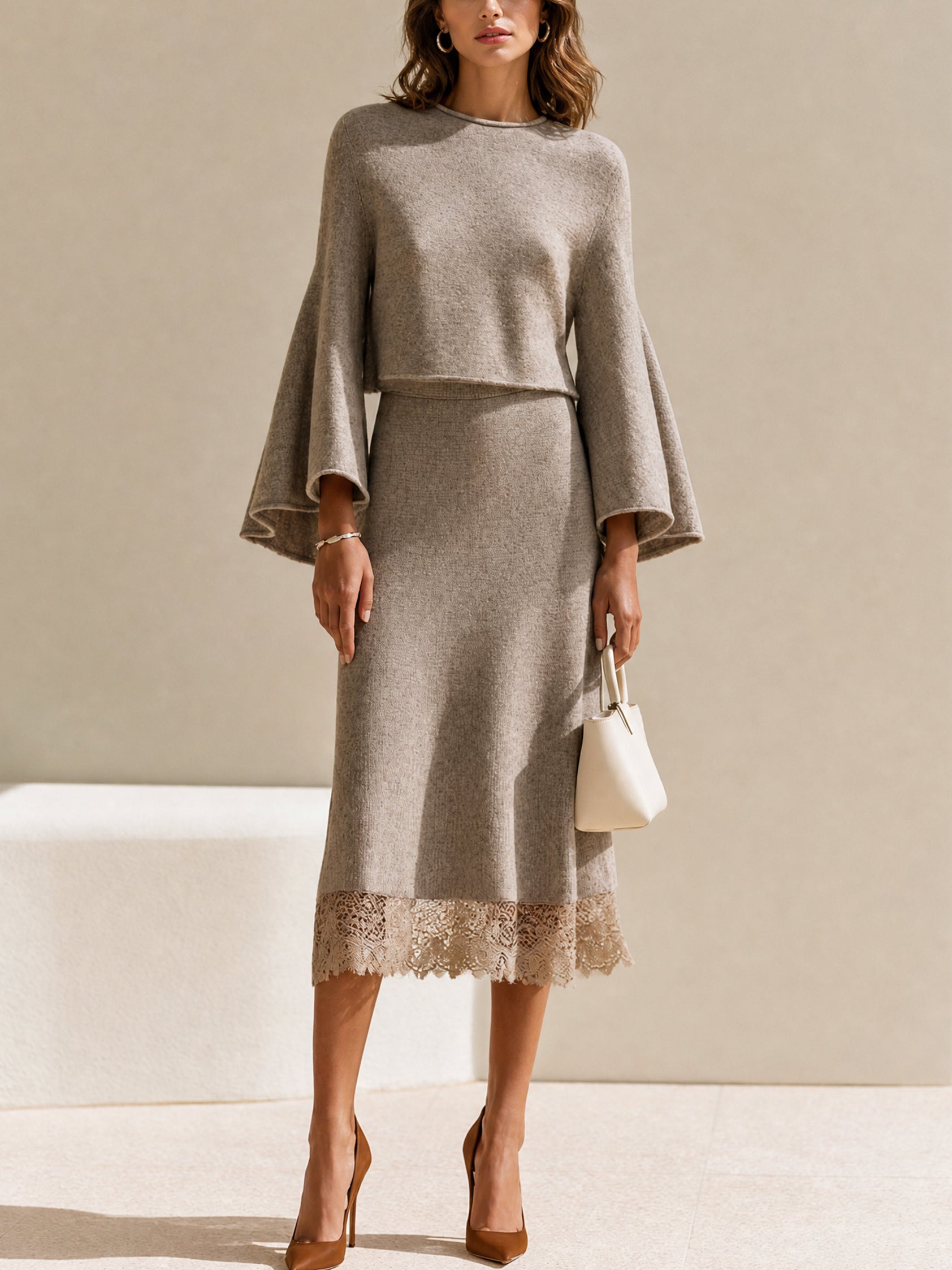 Khaki Wool And Lace Skirt Set