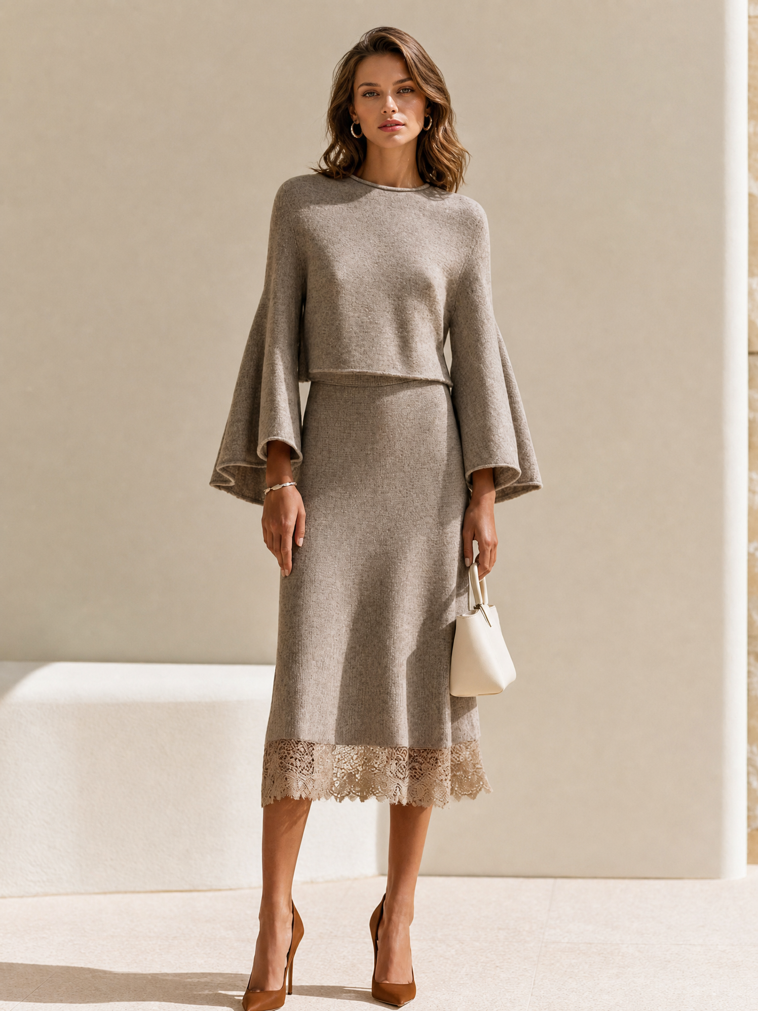 Khaki Wool And Lace Skirt Set