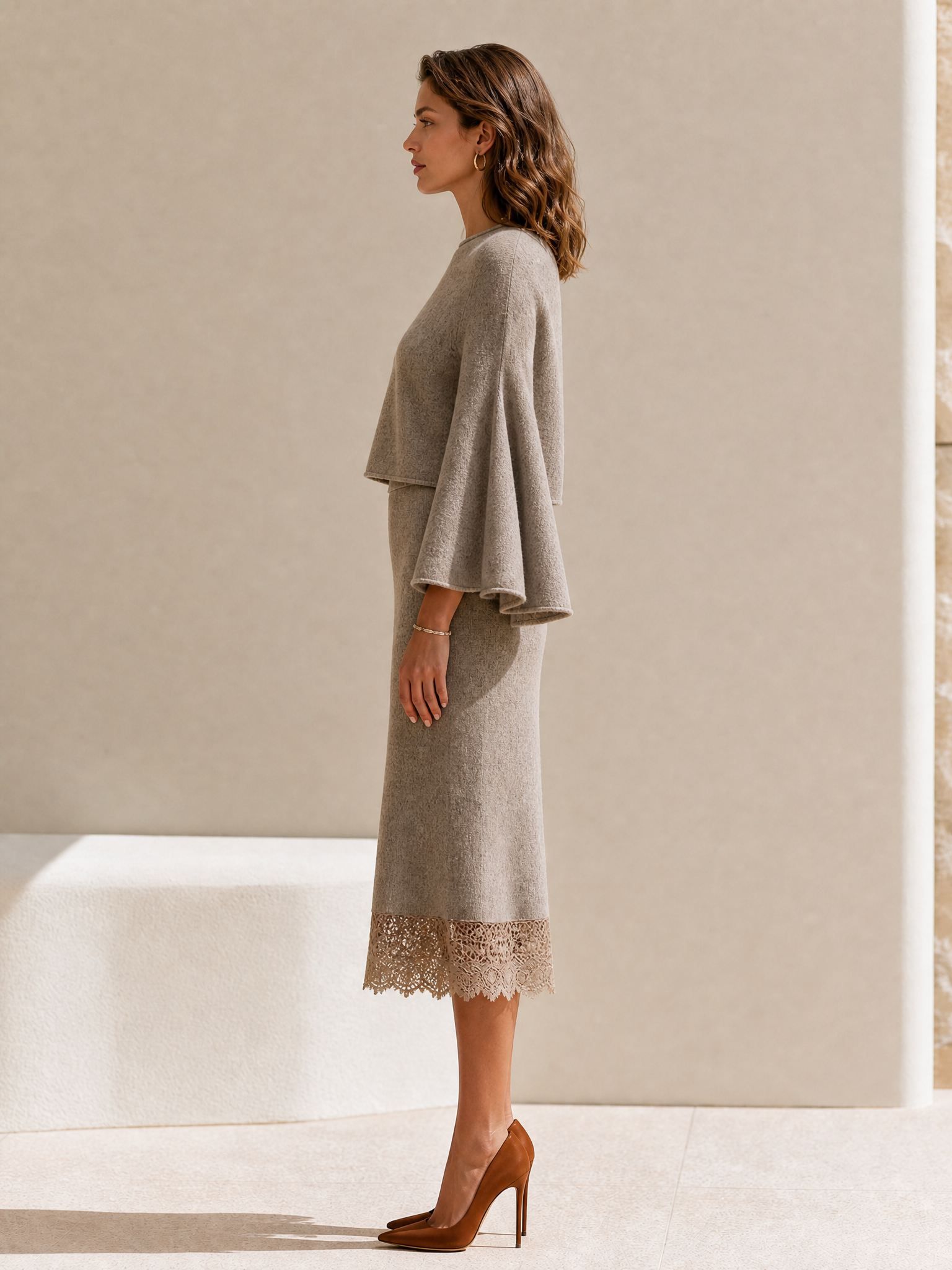 Khaki Wool And Lace Skirt Set