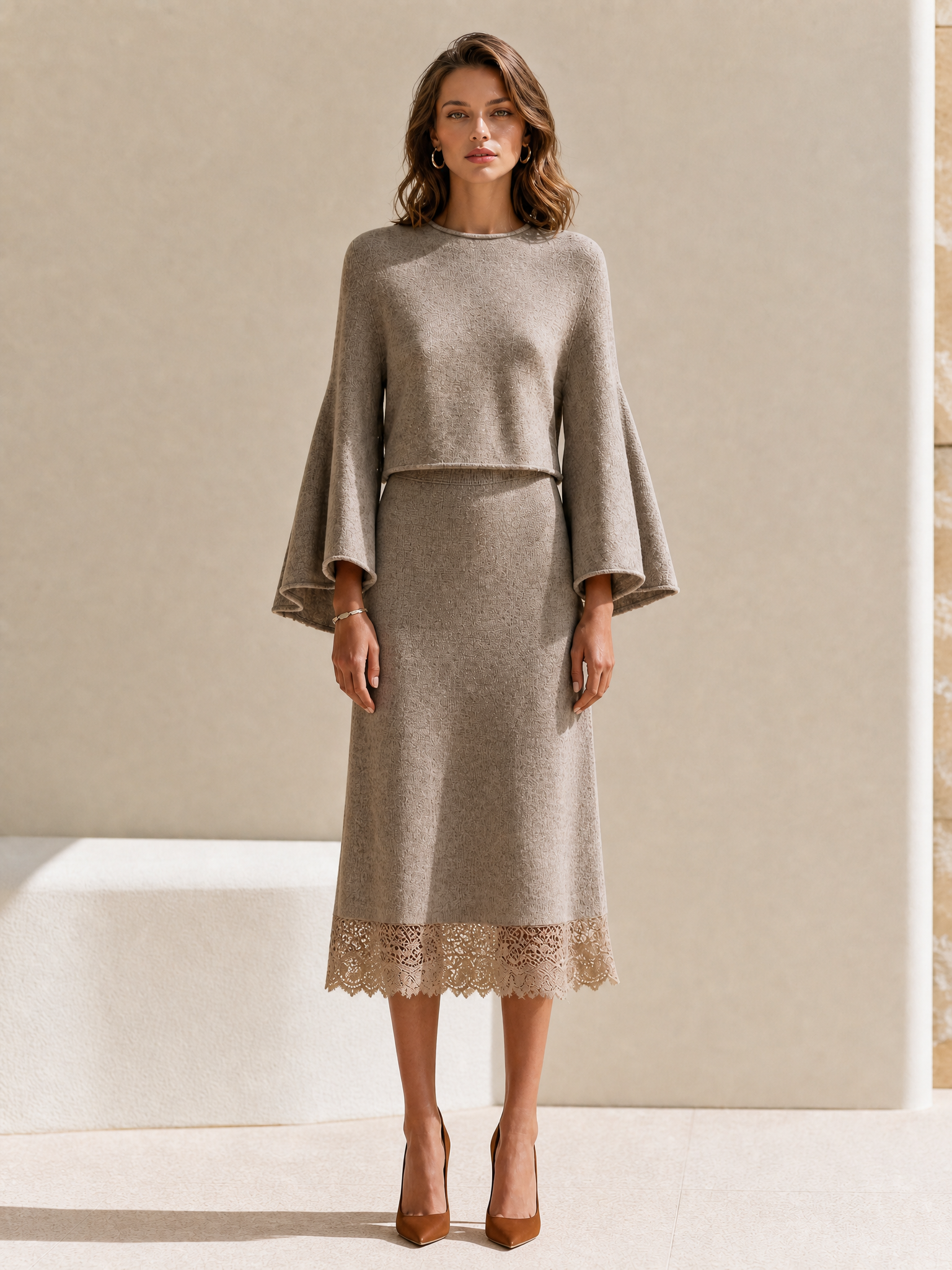 Khaki Wool And Lace Skirt Set