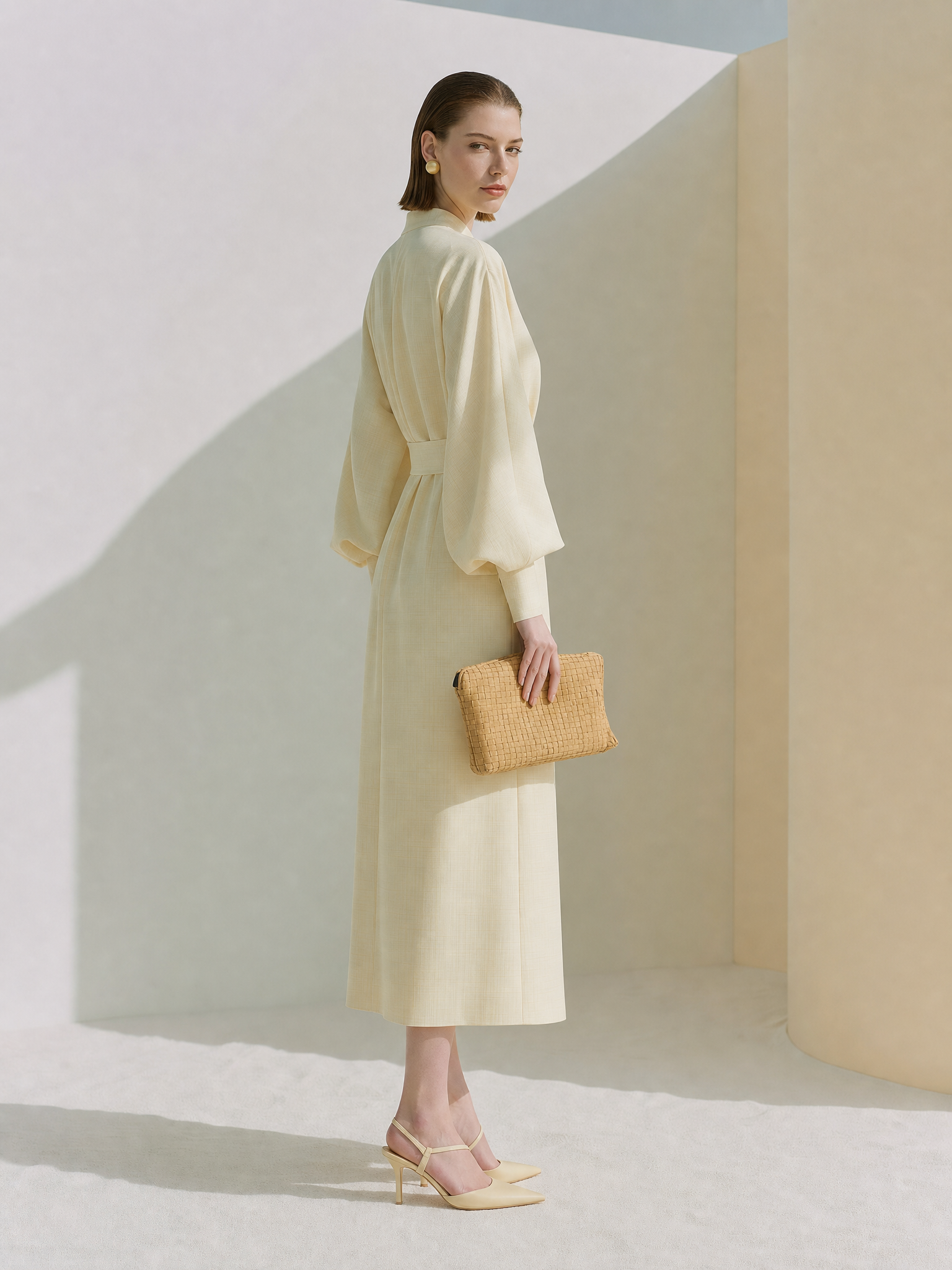 Cream Tiny Grid Wrap Waist Tailored Midi Dress