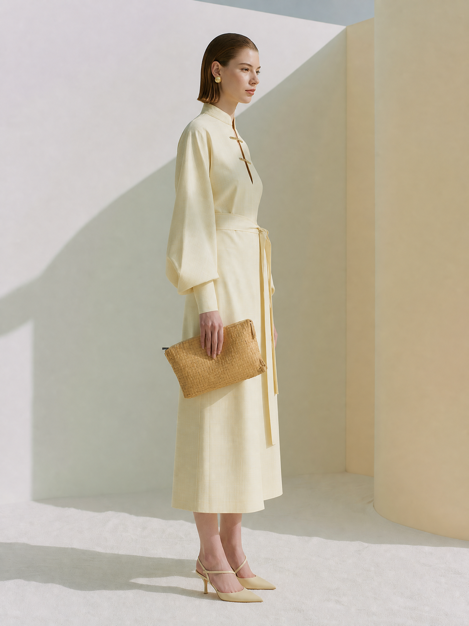 Cream Tiny Grid Wrap Waist Tailored Midi Dress