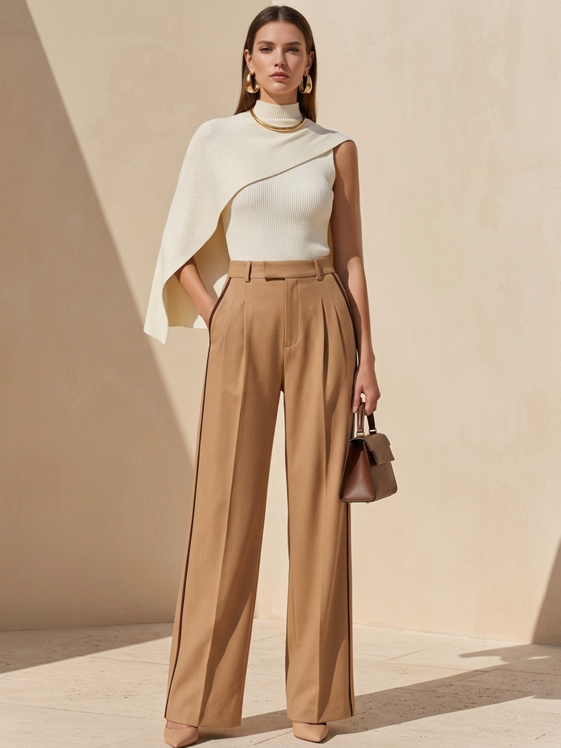 Asymmetric Cape Sleeve Ribbed Knit Top with Mock Neck