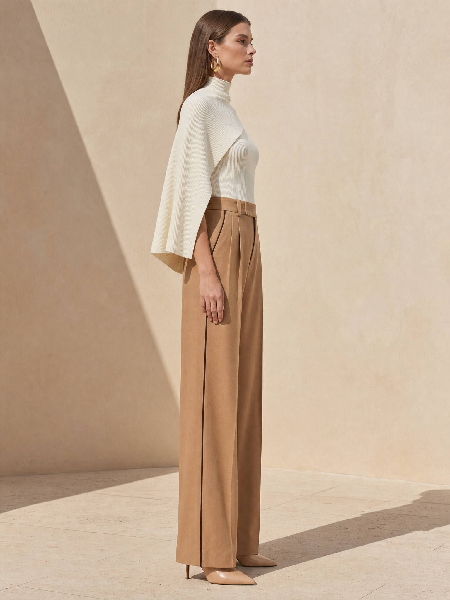 Asymmetric Cape Sleeve Ribbed Knit Top with Mock Neck