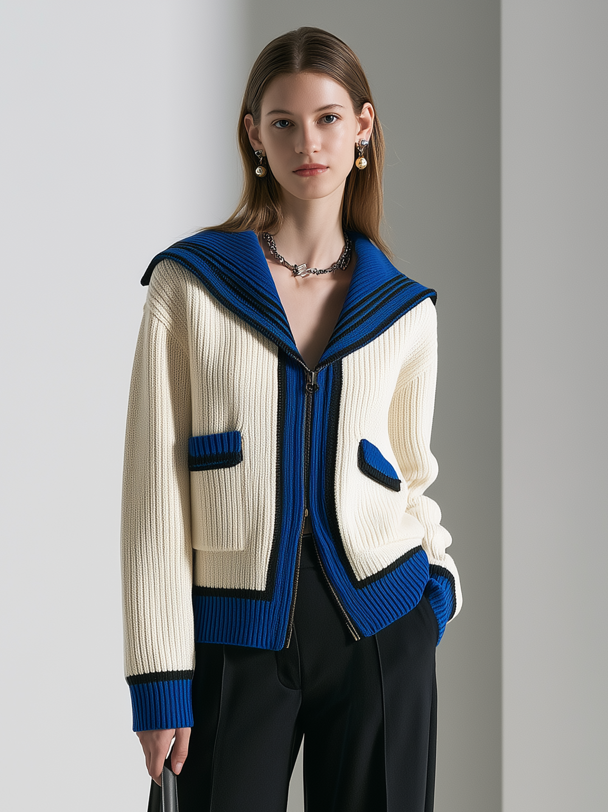 Elegant Ivory And Royal Blue Contrast Knit Cardigan