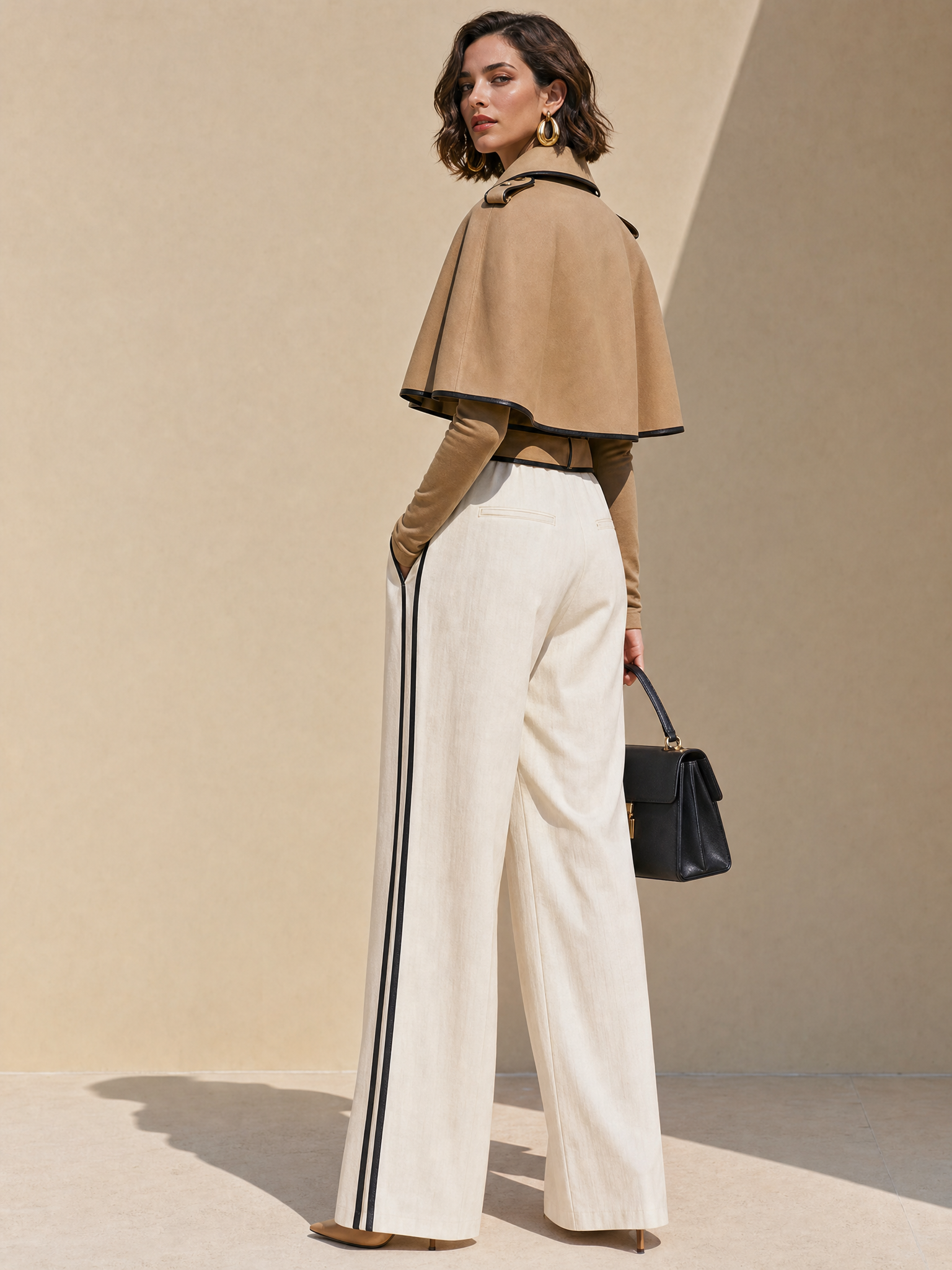 Women's Cropped Cape Coat with Contrast Piping Belted Trench Style