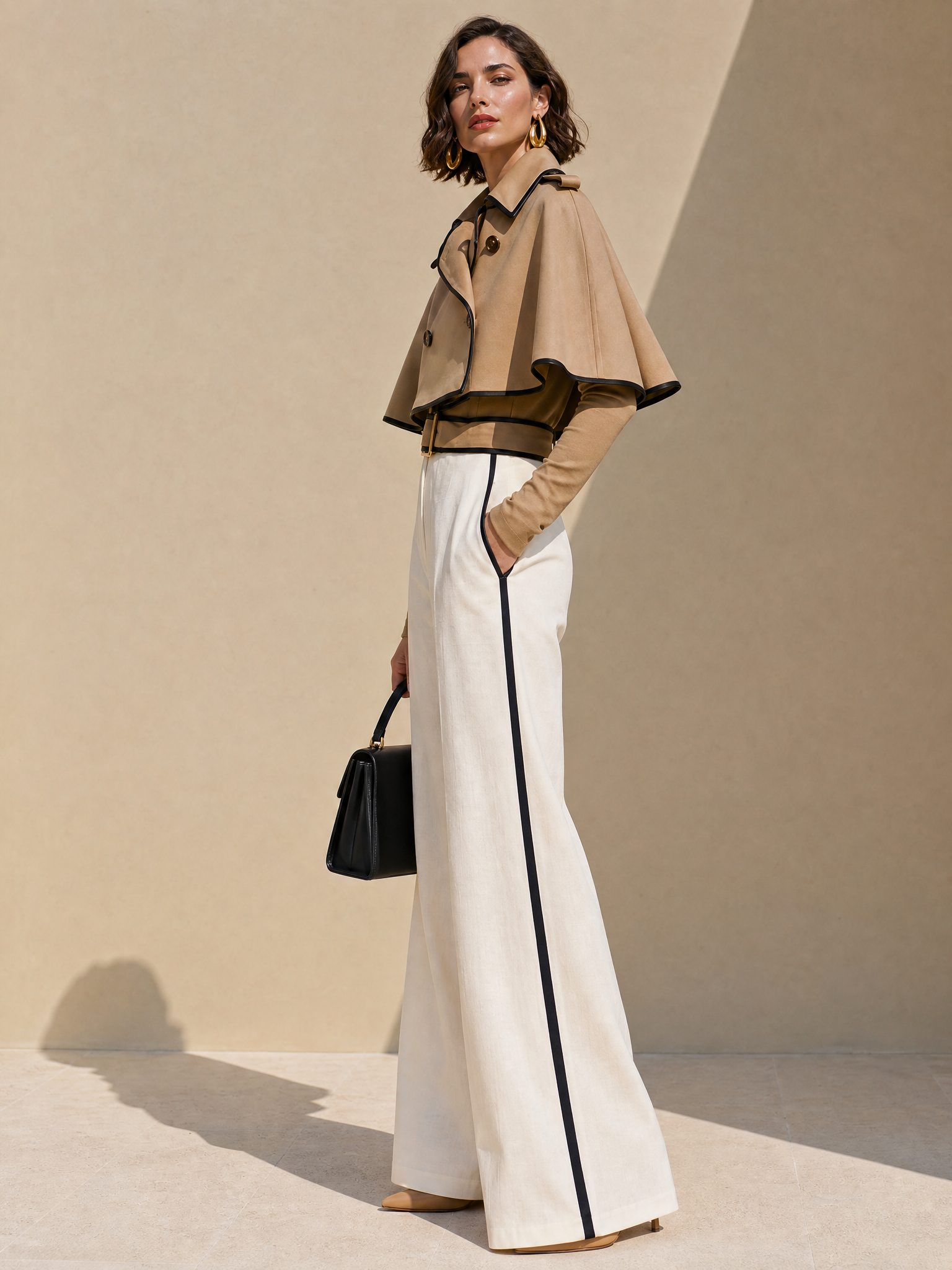 Women's Cropped Cape Coat with Contrast Piping Belted Trench Style