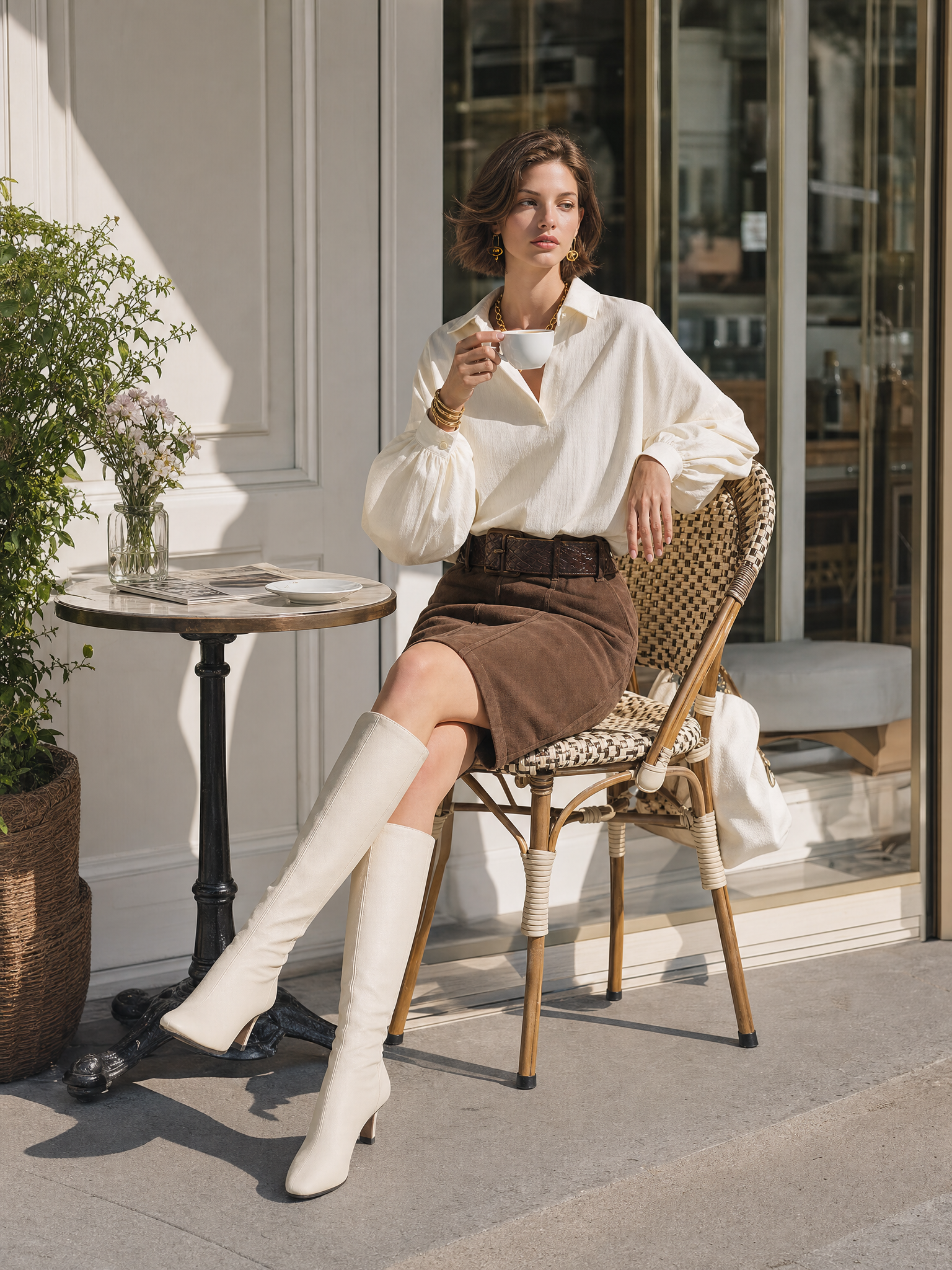 White Shirt And Brown Suede Skirt Set