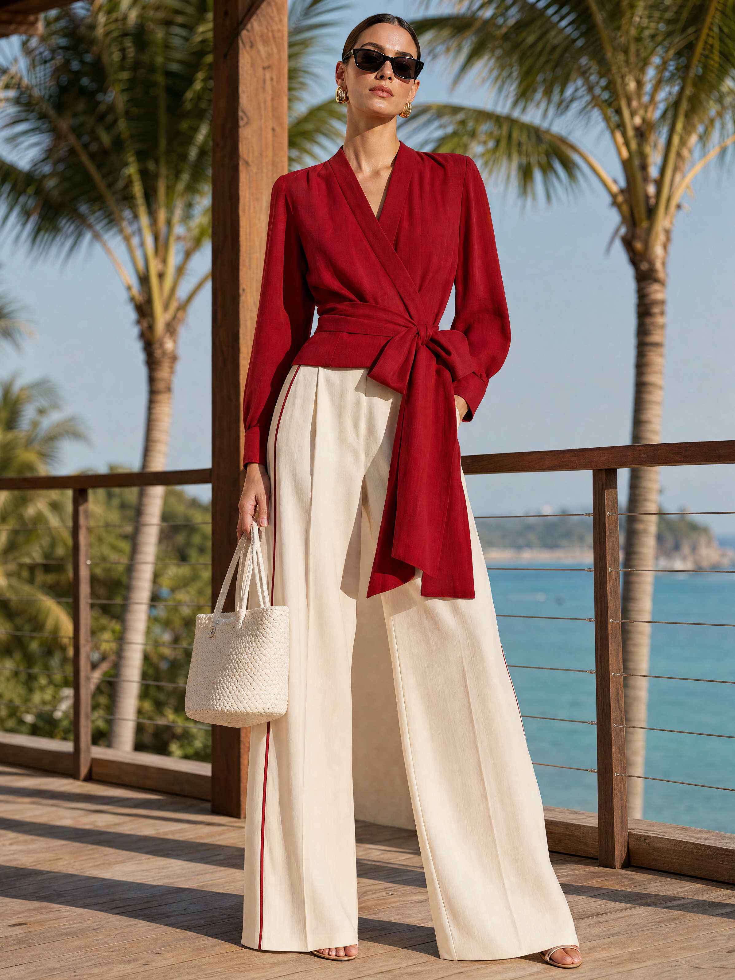 Elegant Red Linen Blend Shirt And White Wide Leg Pants Set